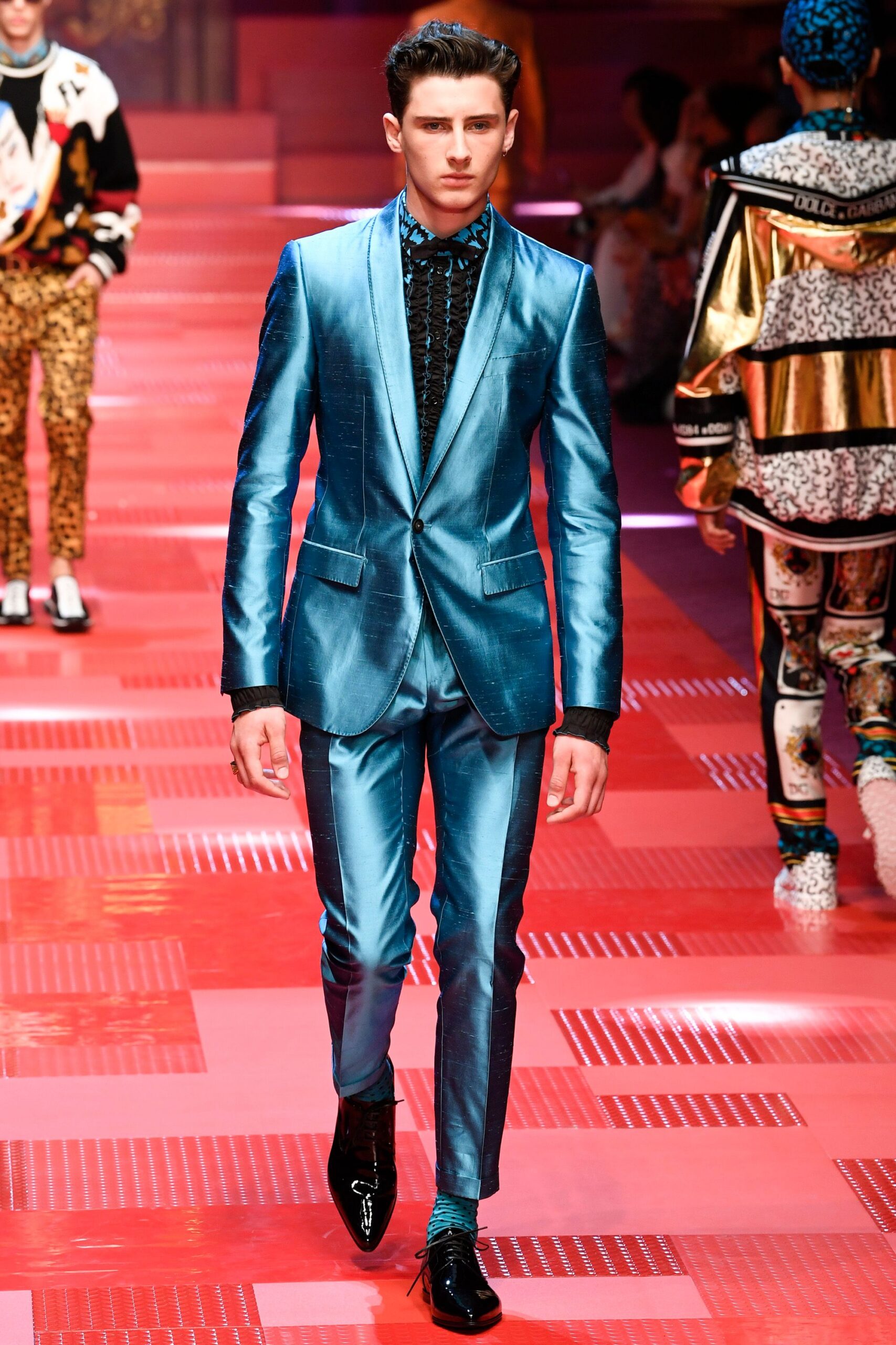 blue satin long-sleeve collared tailored buttoned shiny suit