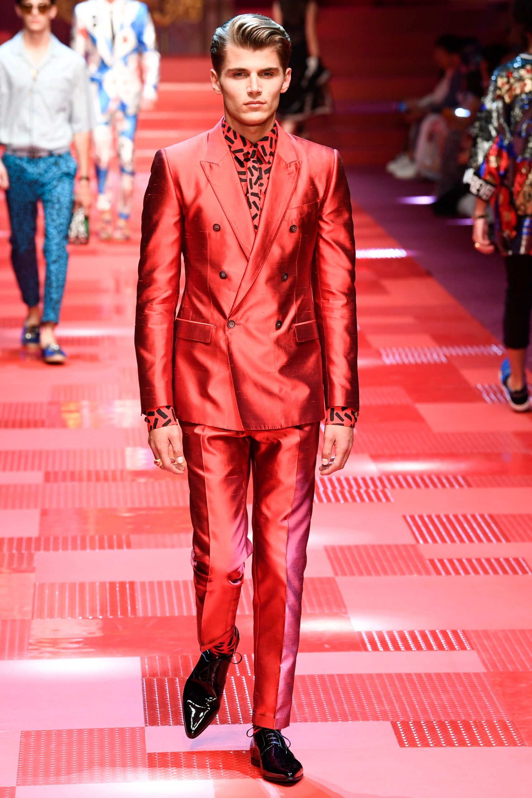 red silk long-sleeve collared tailored buttoned shiny suit