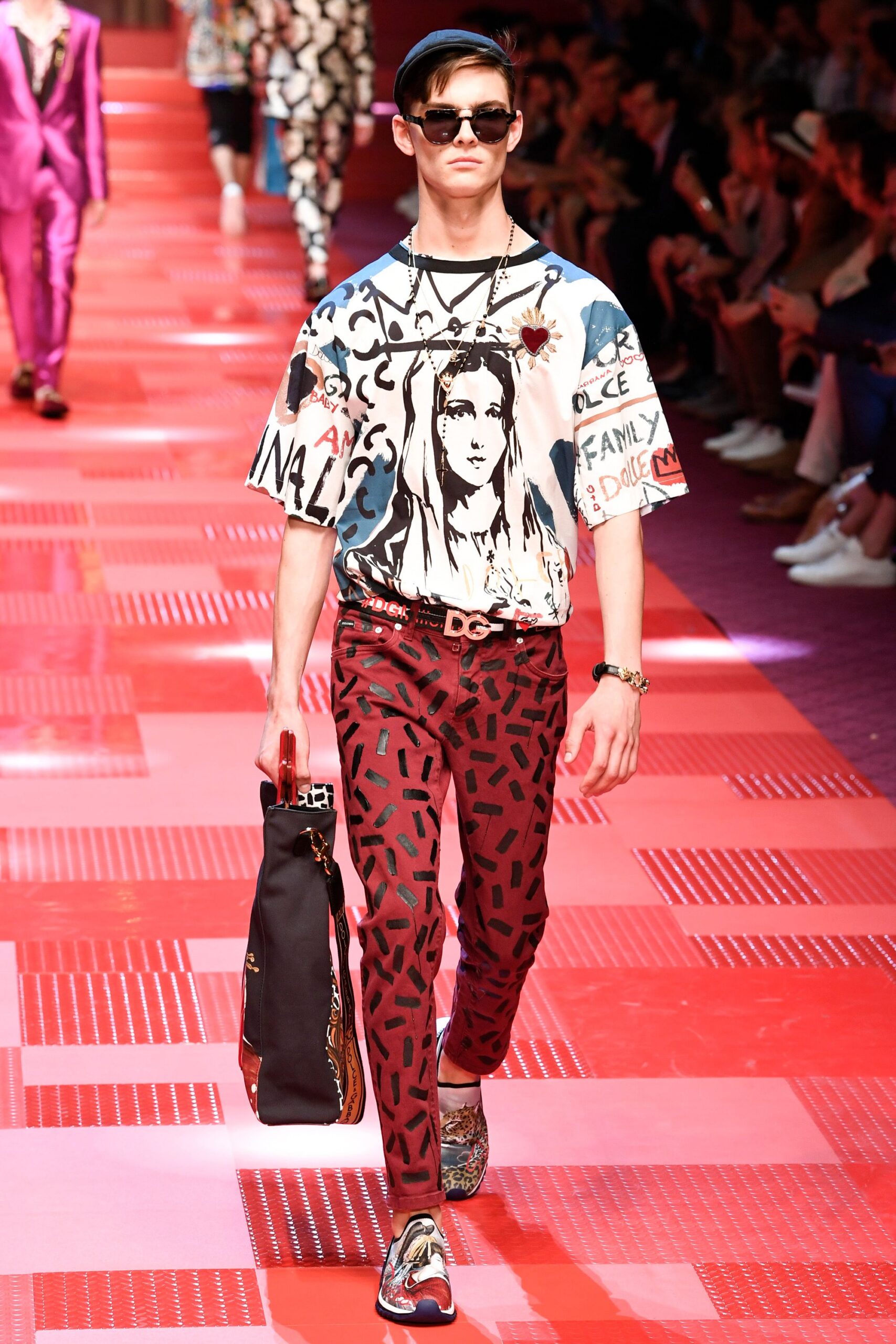 red cotton fitted printed pants