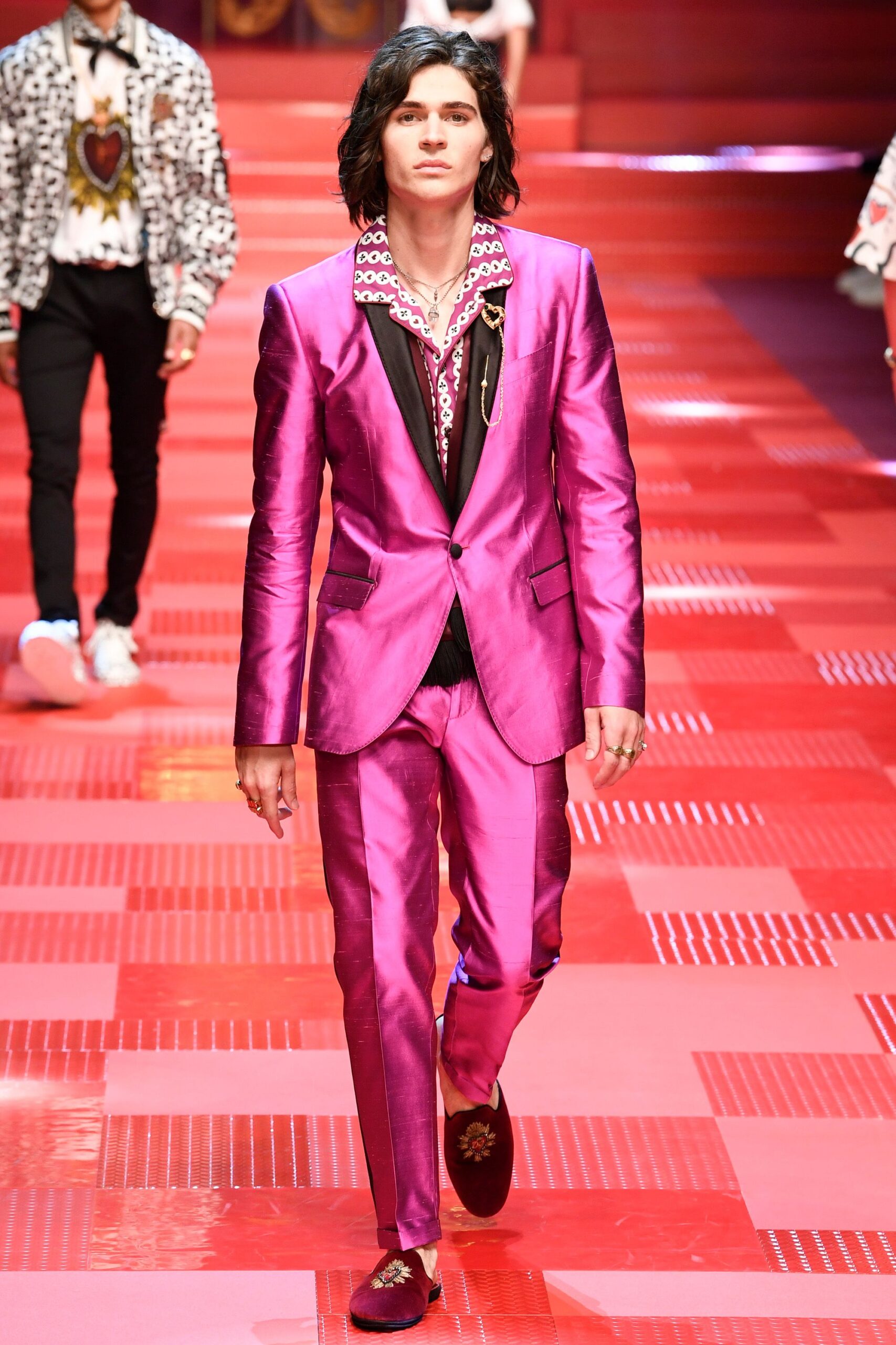 pink satin long-sleeve collared tailored buttoned shiny suit