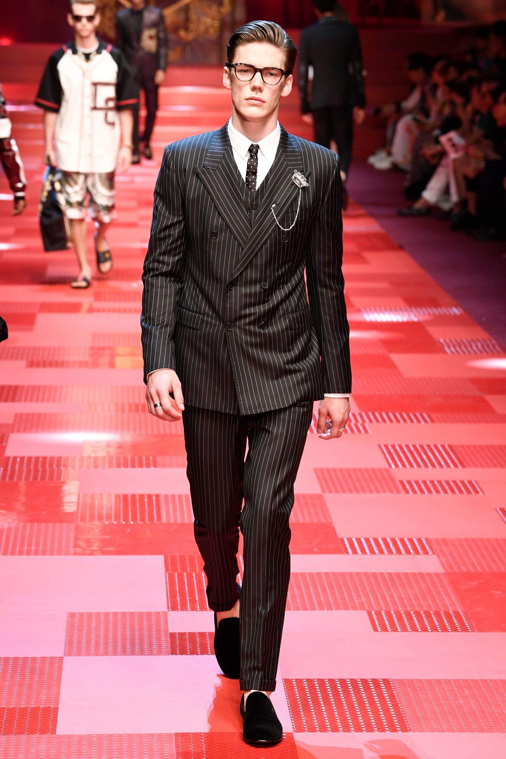 black and white striped tailored suit
