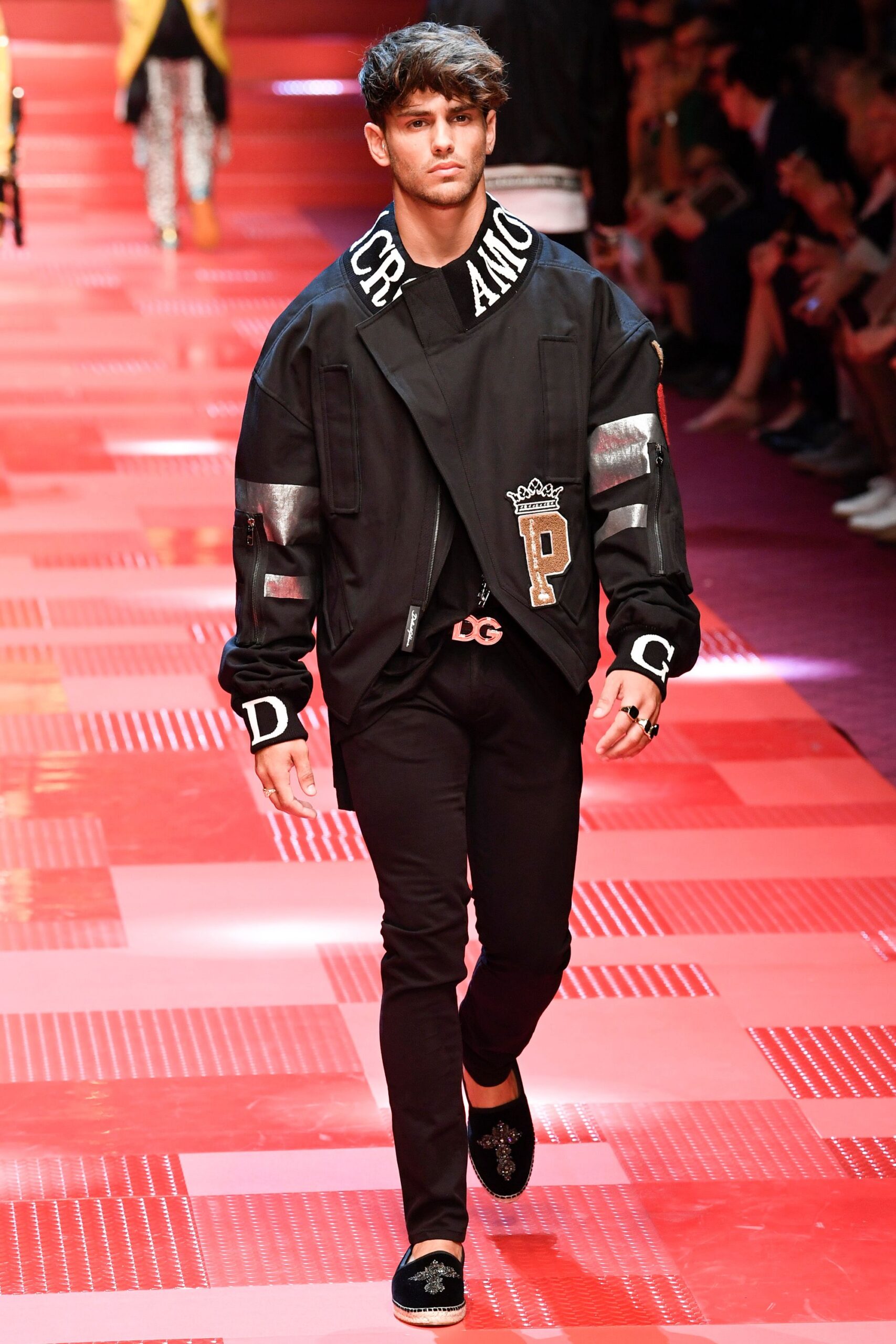 black cotton long-sleeve collared relaxed zippered embroidered jacket