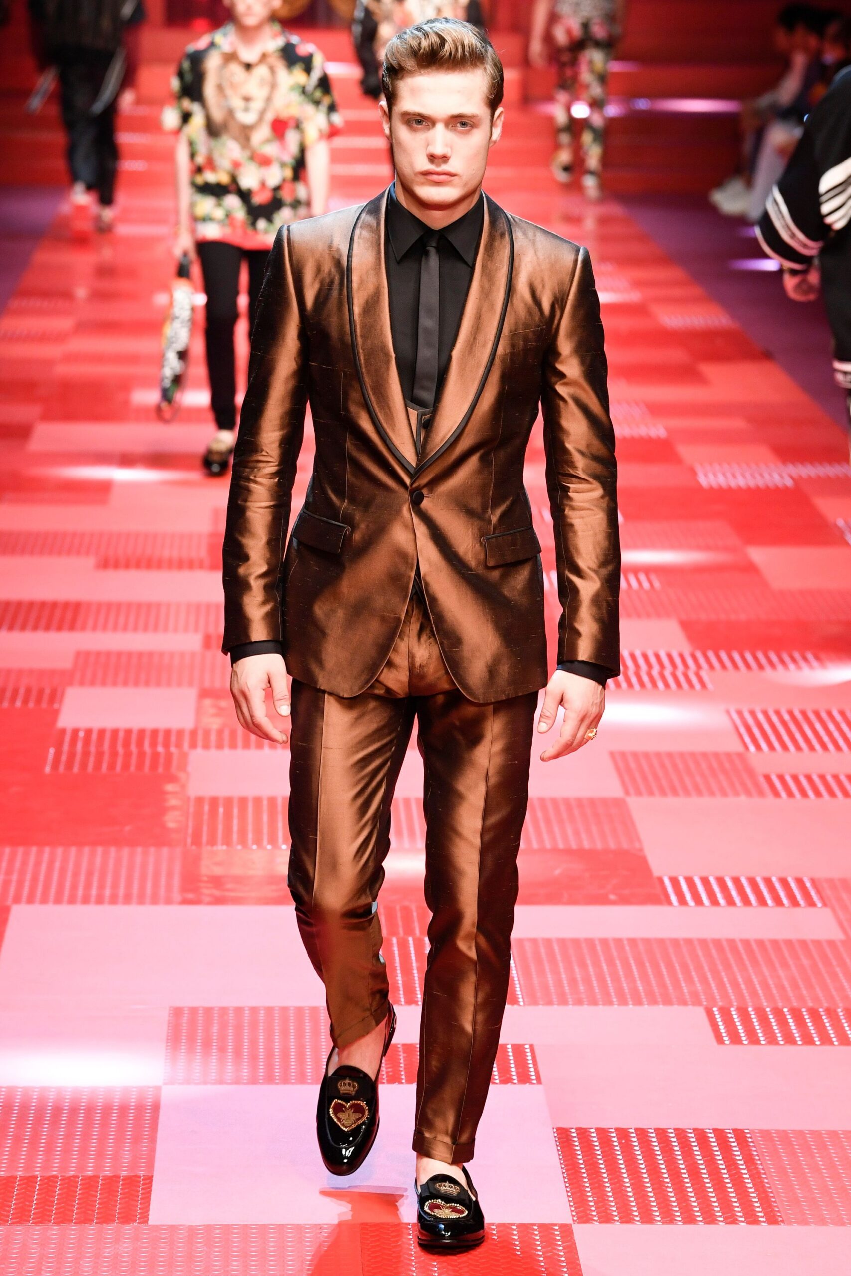 brown silk long-sleeve collared tailored buttoned shiny suit