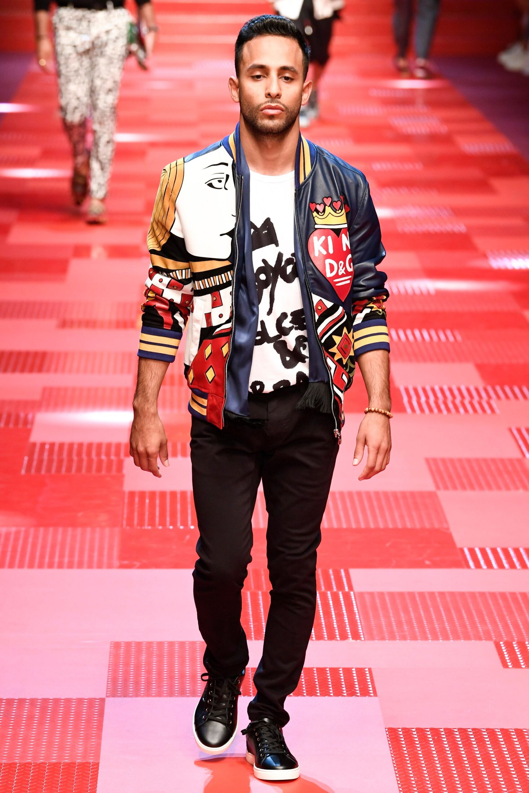 blue cotton long-sleeve collared fitted embroidered printed jacket
