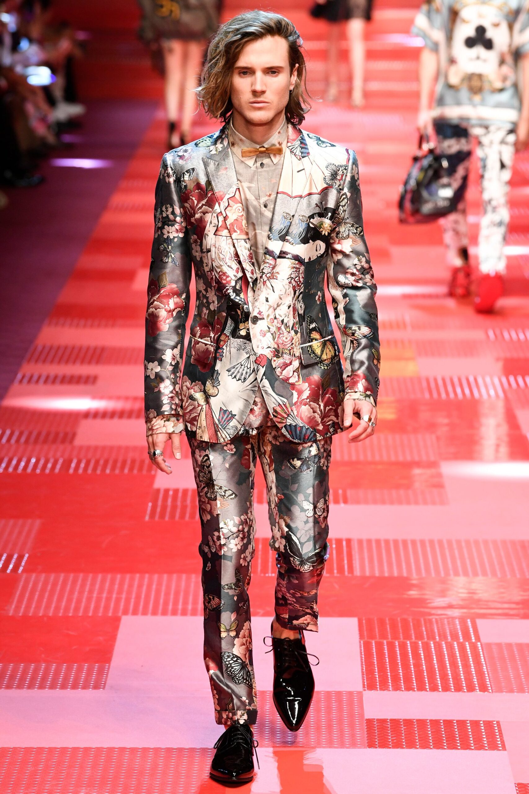 multi silk long-sleeve collared tailored floral printed suit