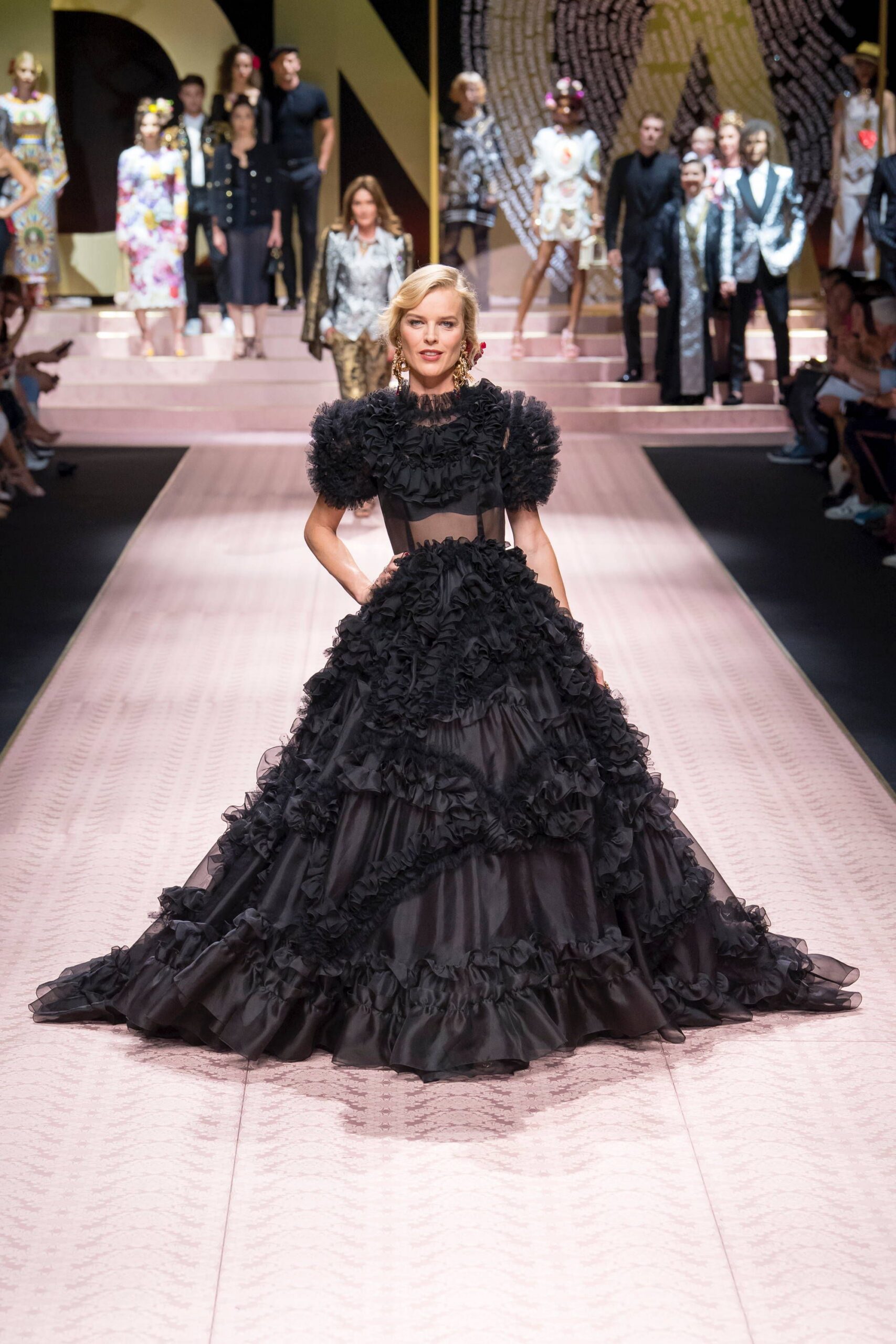 black ruffled maxi gown