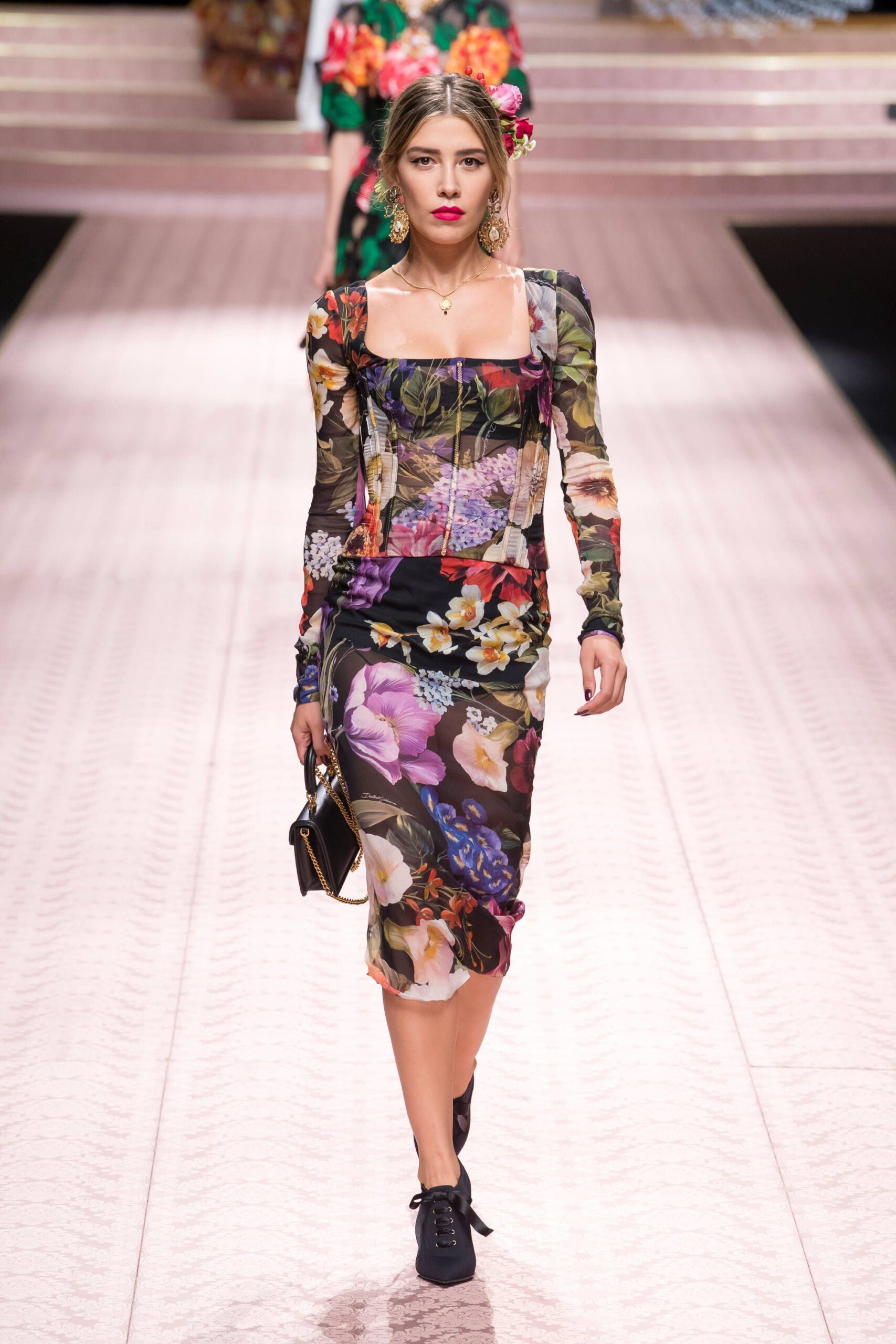 floral midi dress with black shoes