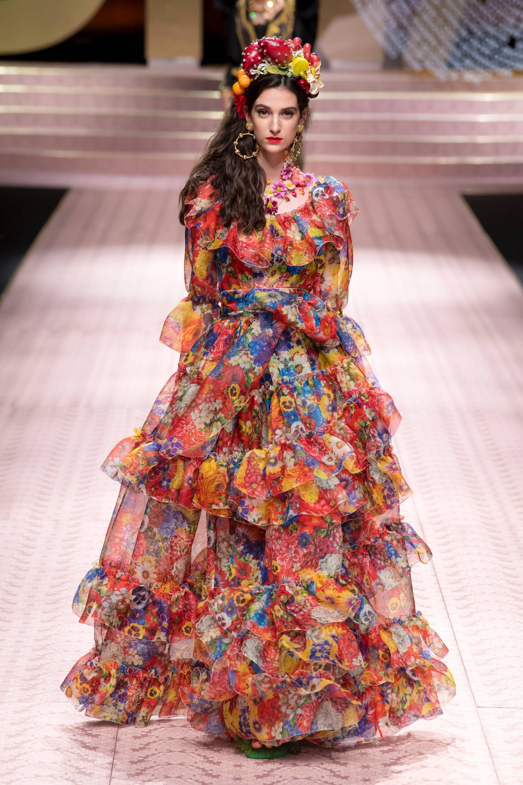 multi-colored floral ruffled gown