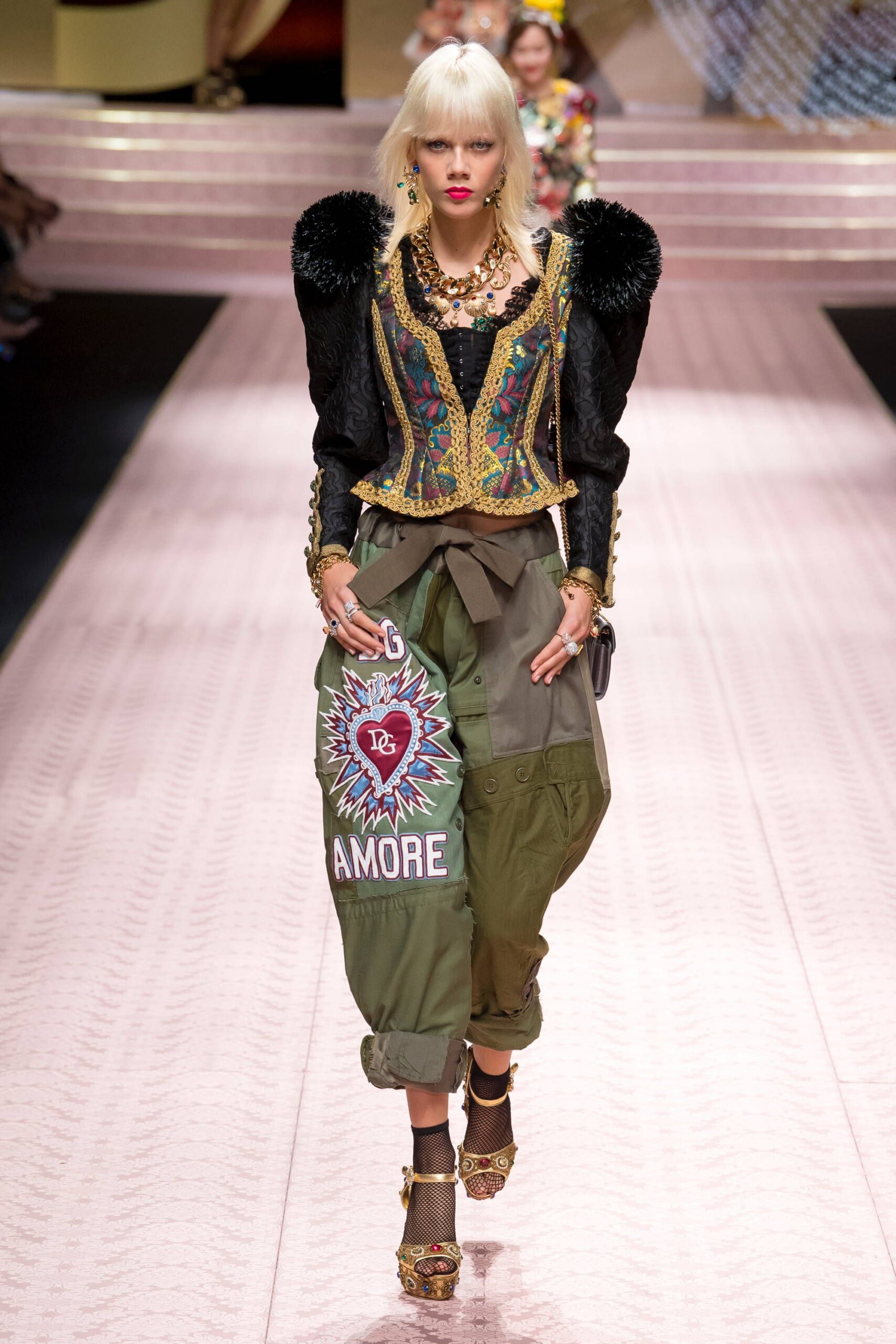 black embroidered blouse with cargo pants