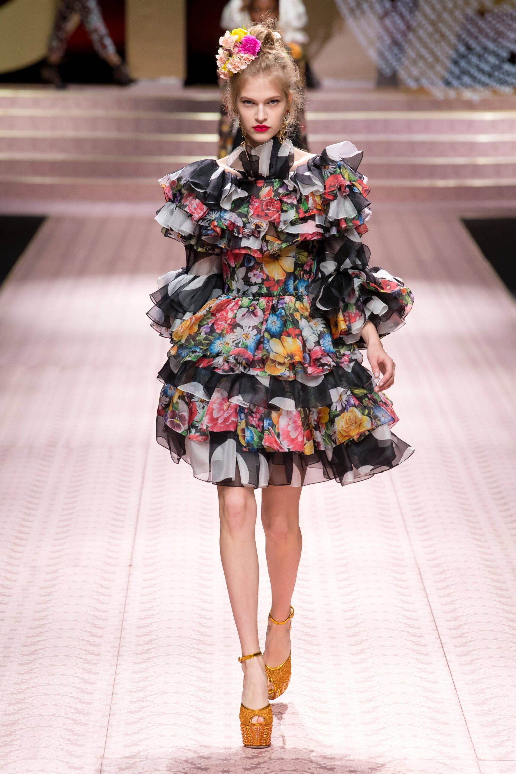 black floral ruffled mini dress