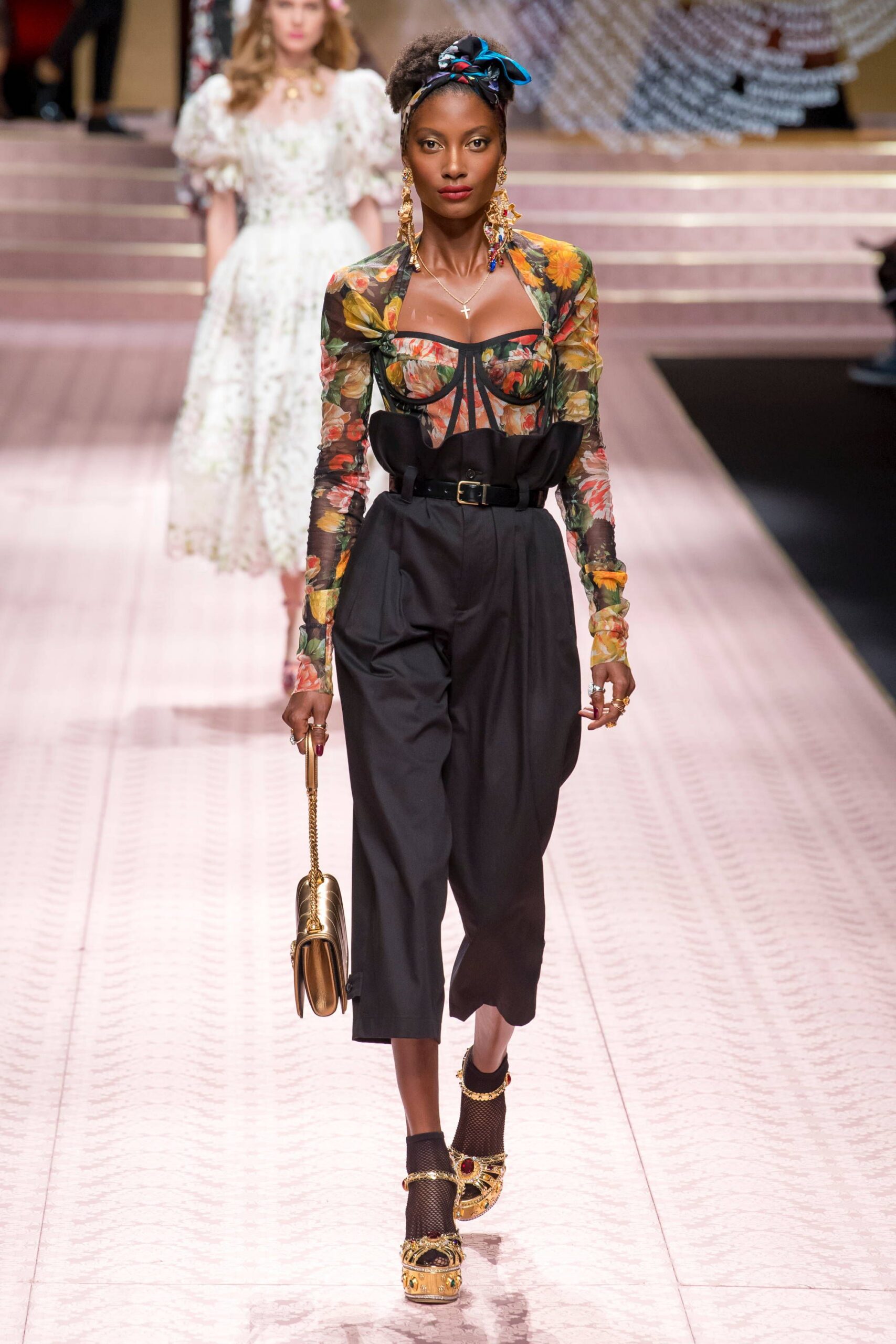 floral blouse and fitted pants