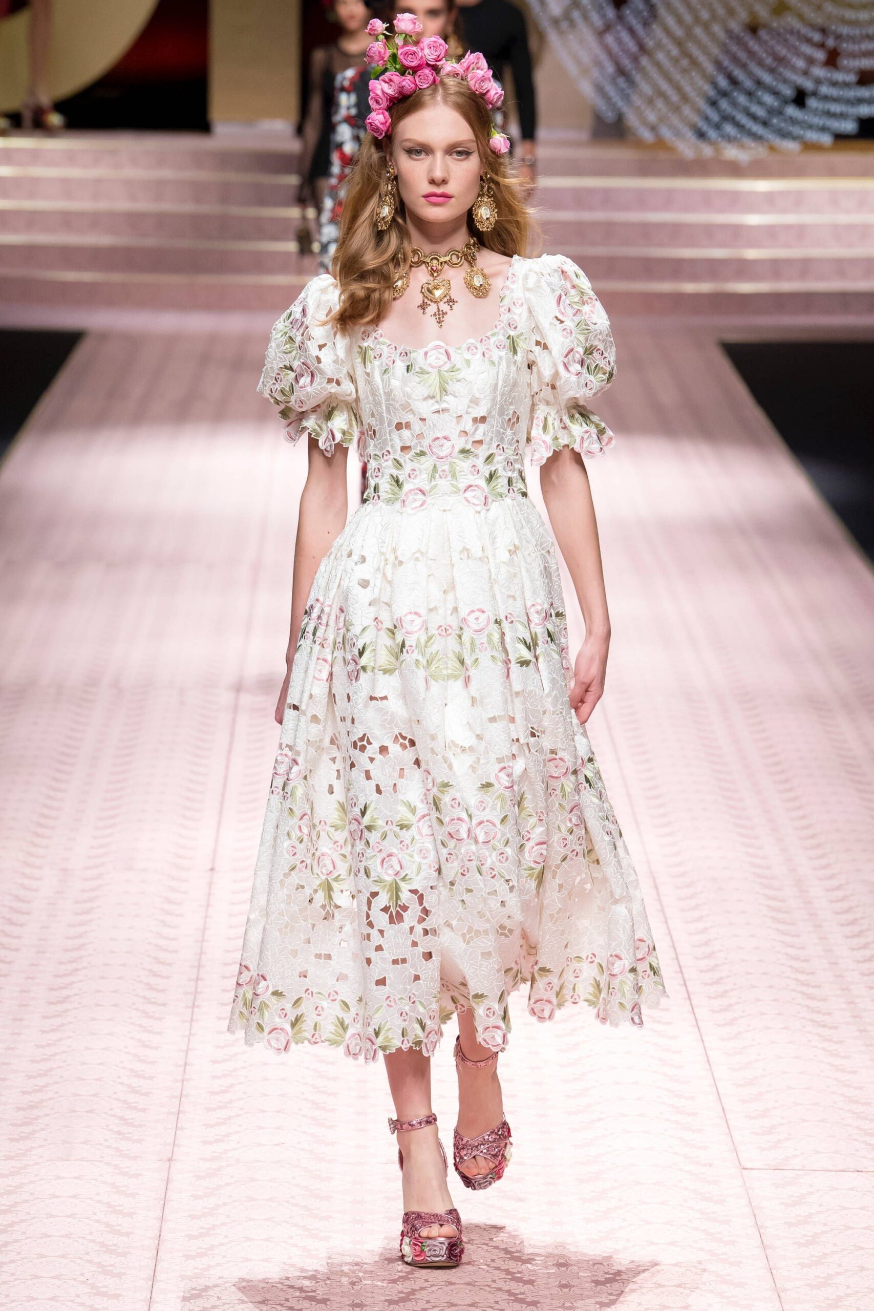floral midi dress with embellished shoes