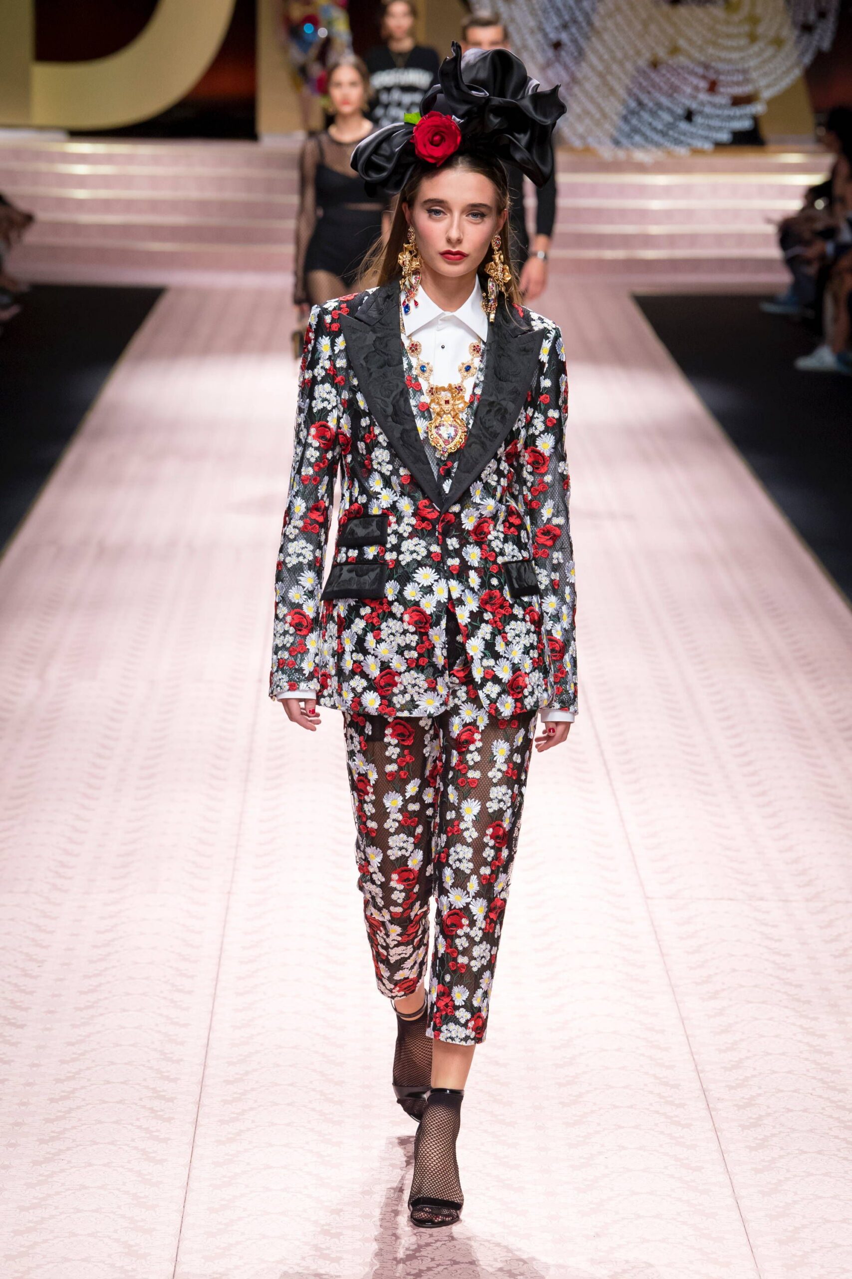 floral black suit with hat