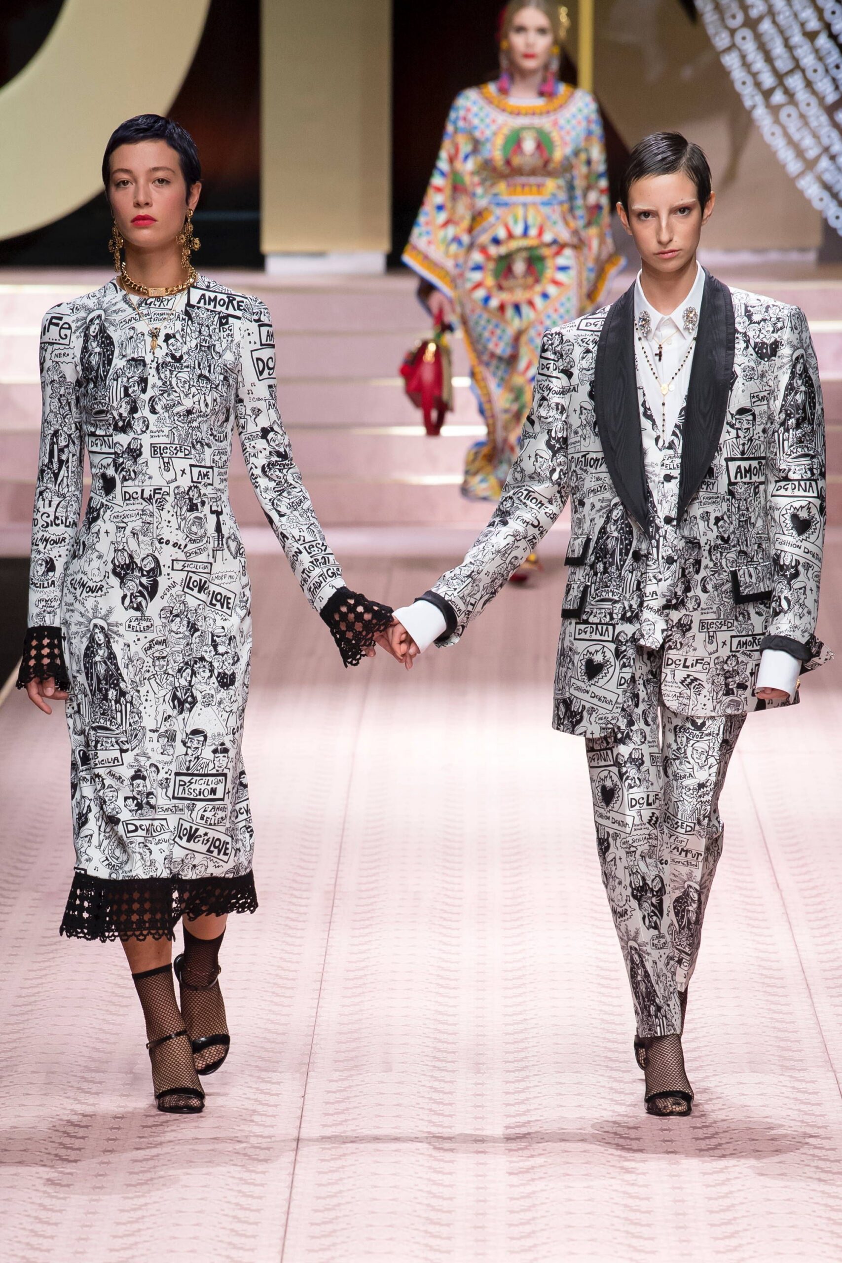 black and white printed dress and suit