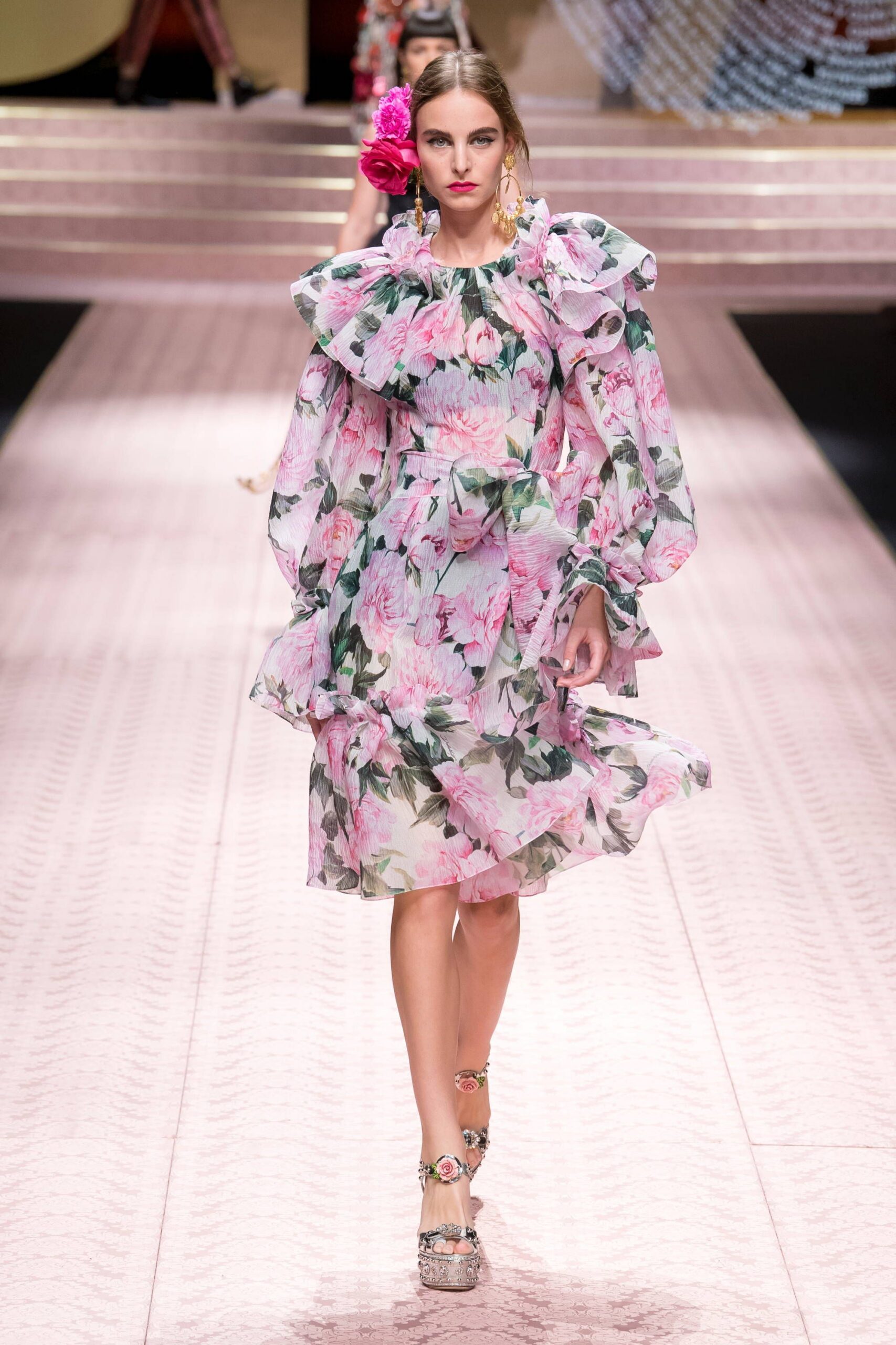pink floral ruffled midi dress