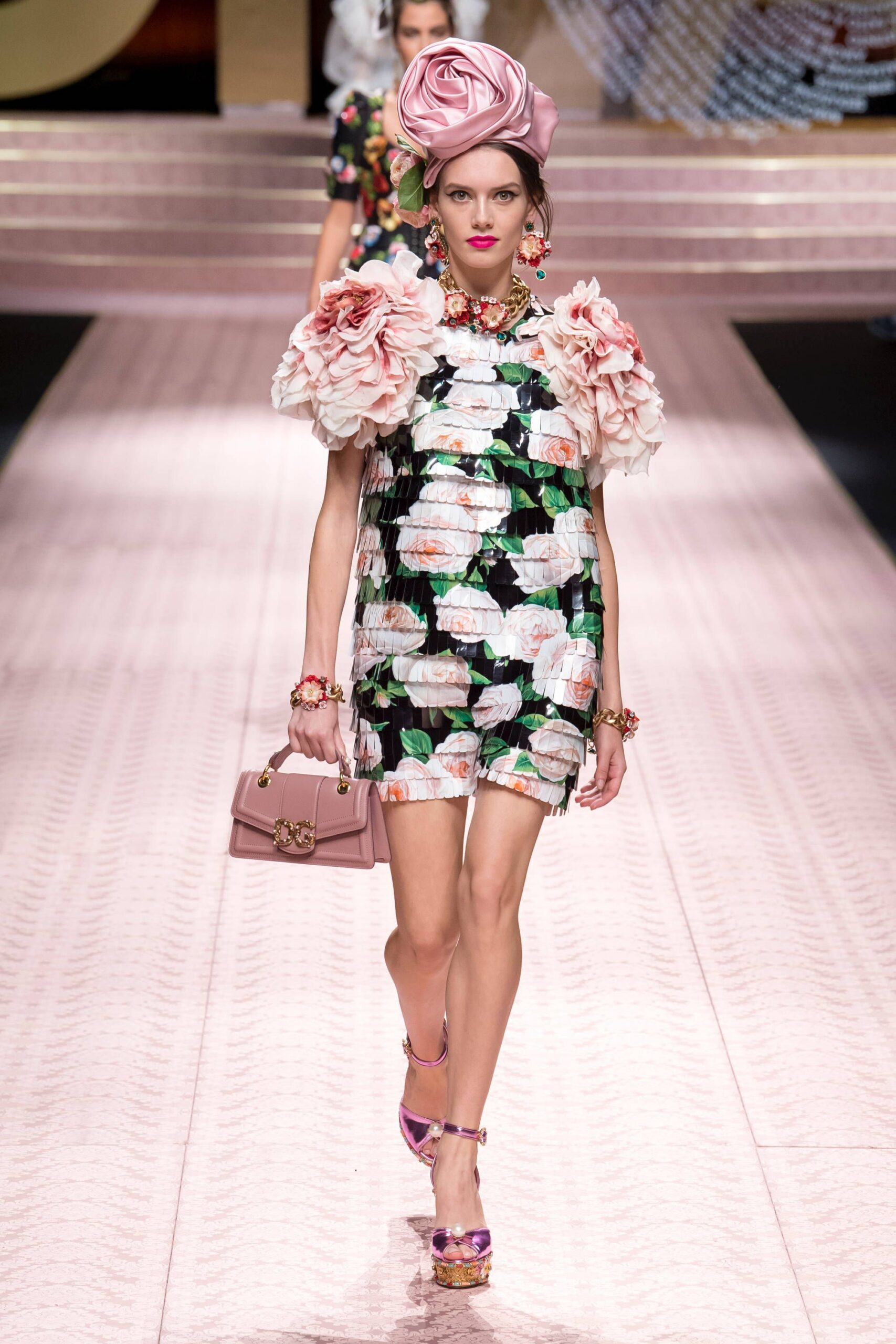 floral mini dress with pink accessories