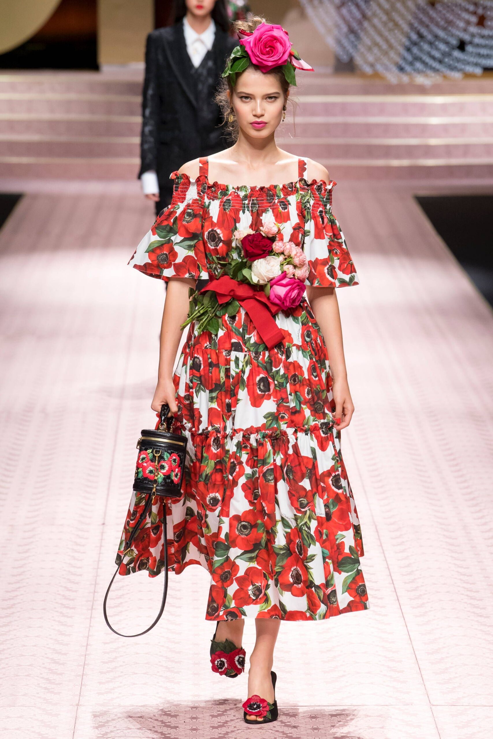 red floral off-shoulder midi dress