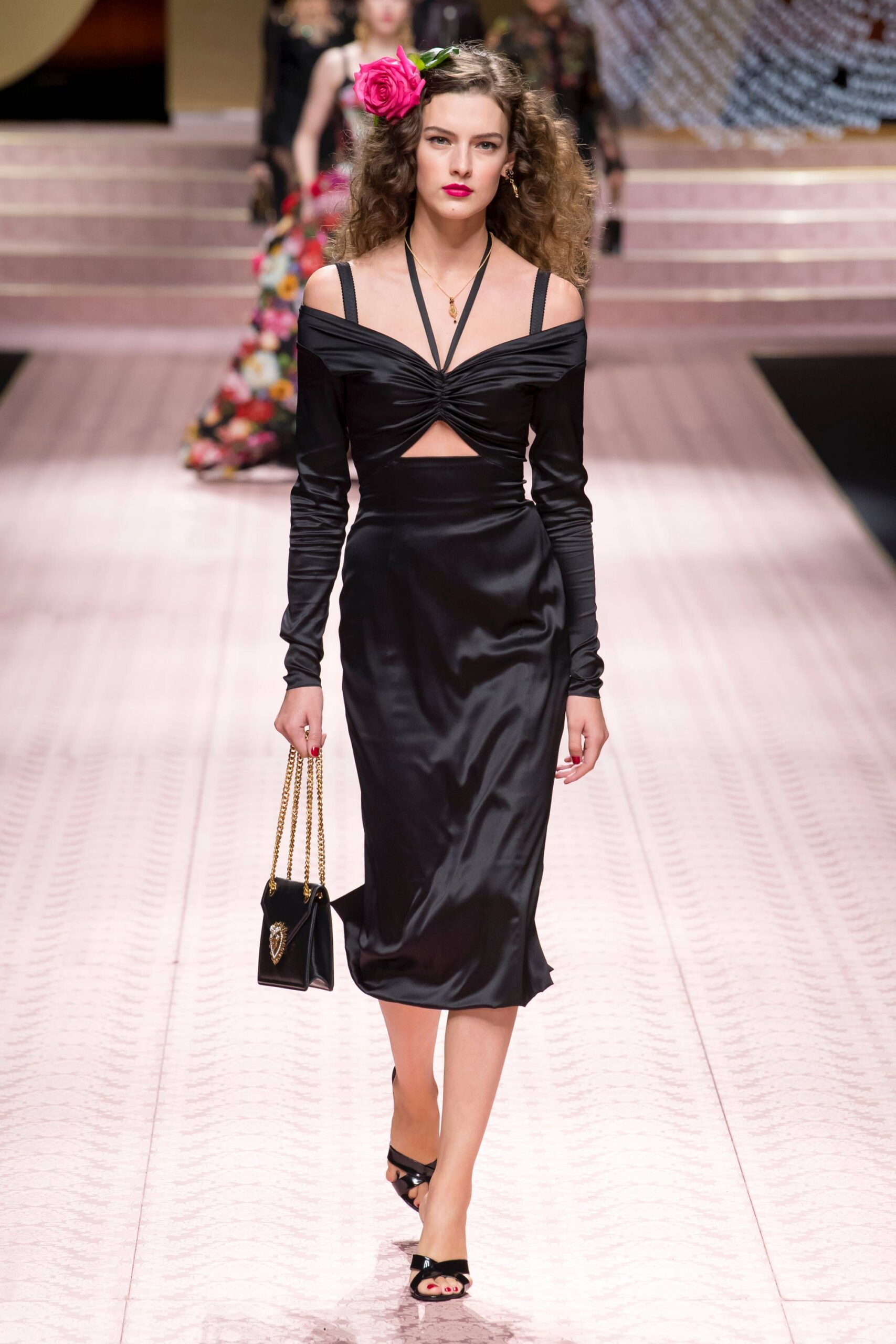 black silk off-shoulder dress