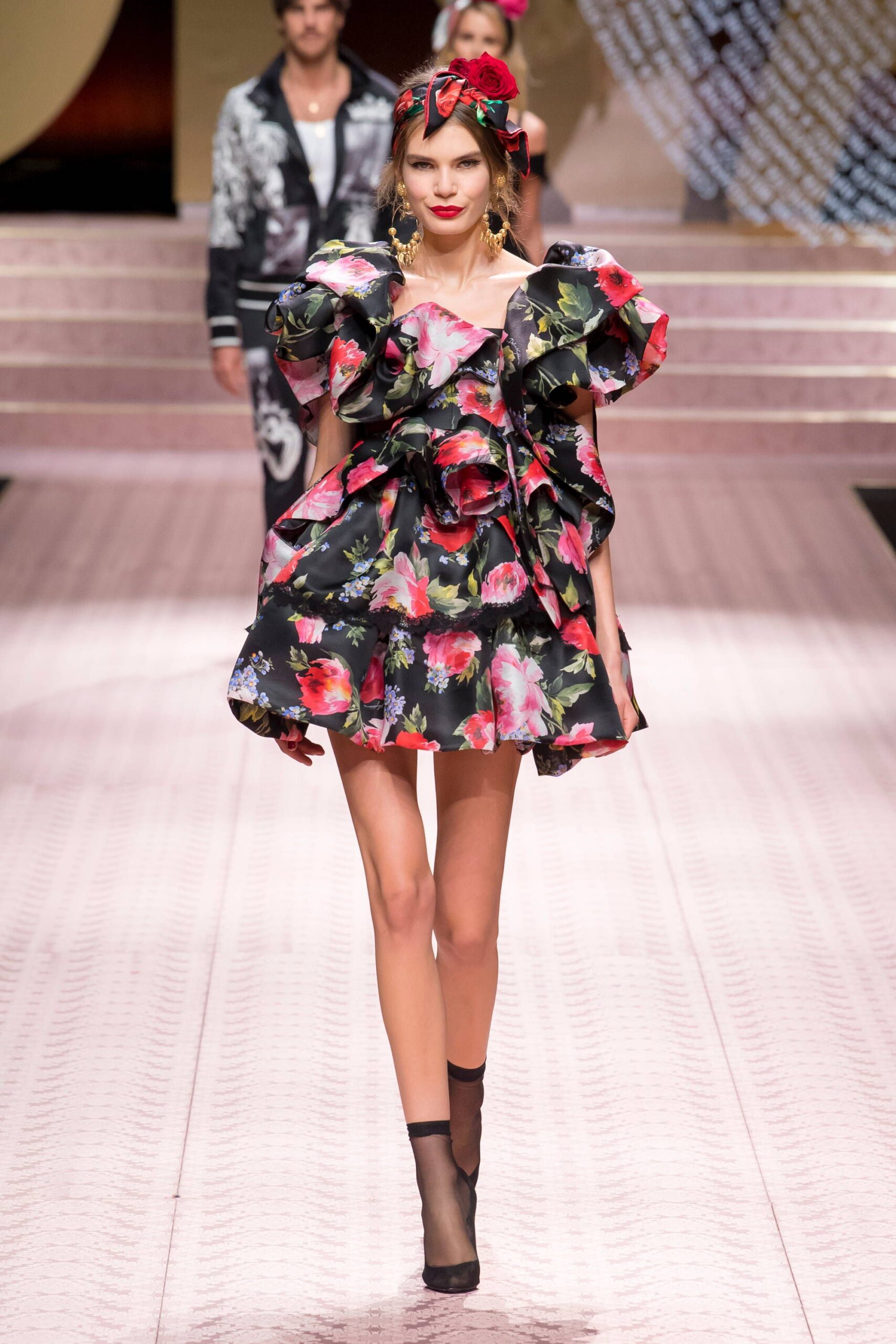 black floral ruffled mini dress