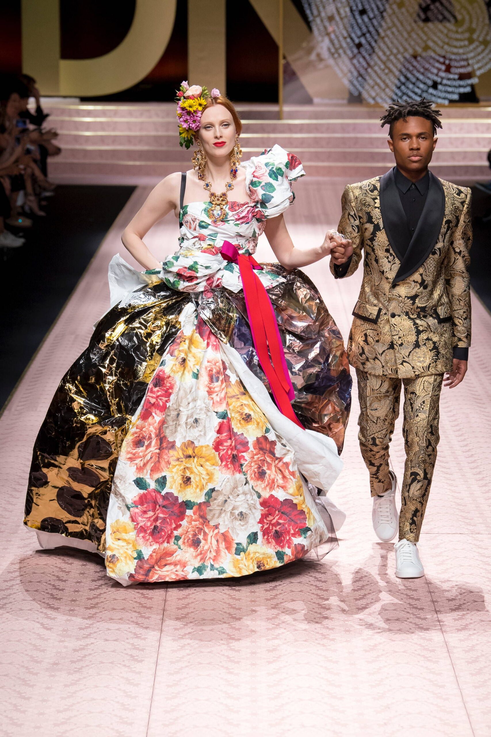 floral gown and tailored suit