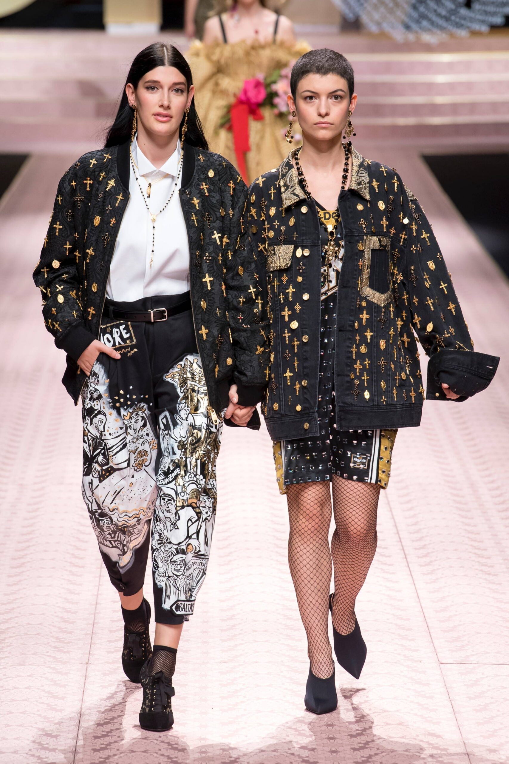 black denim jackets and printed pants