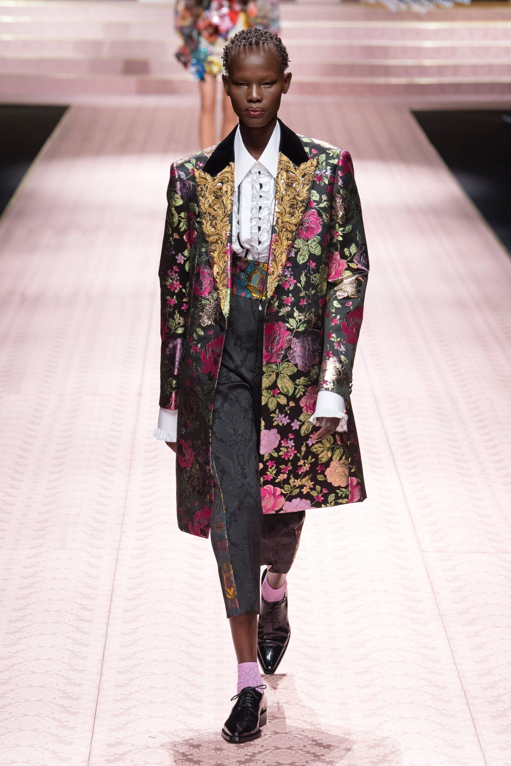 floral embroidered coat with tailored pants