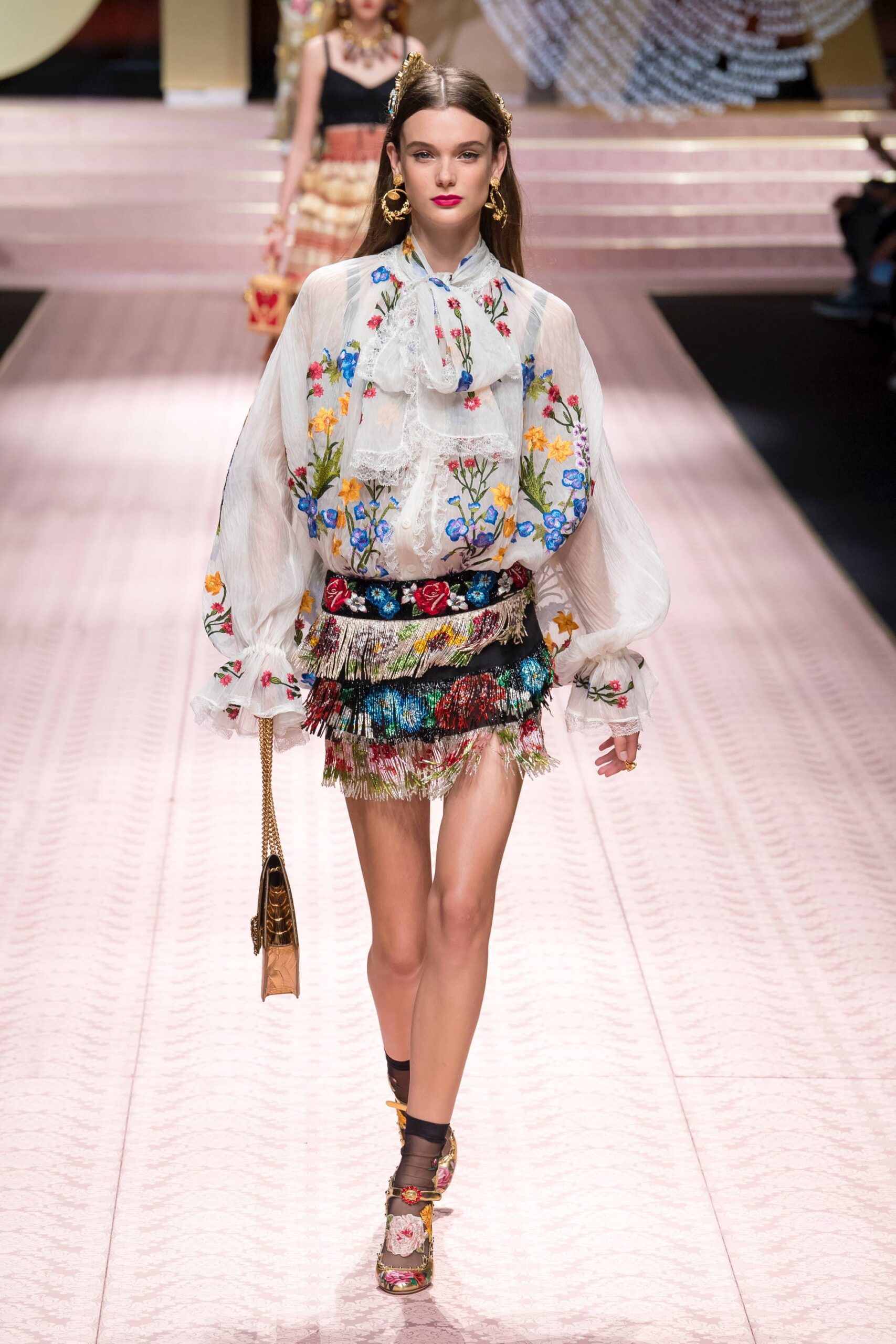 embroidered white blouse with mini skirt