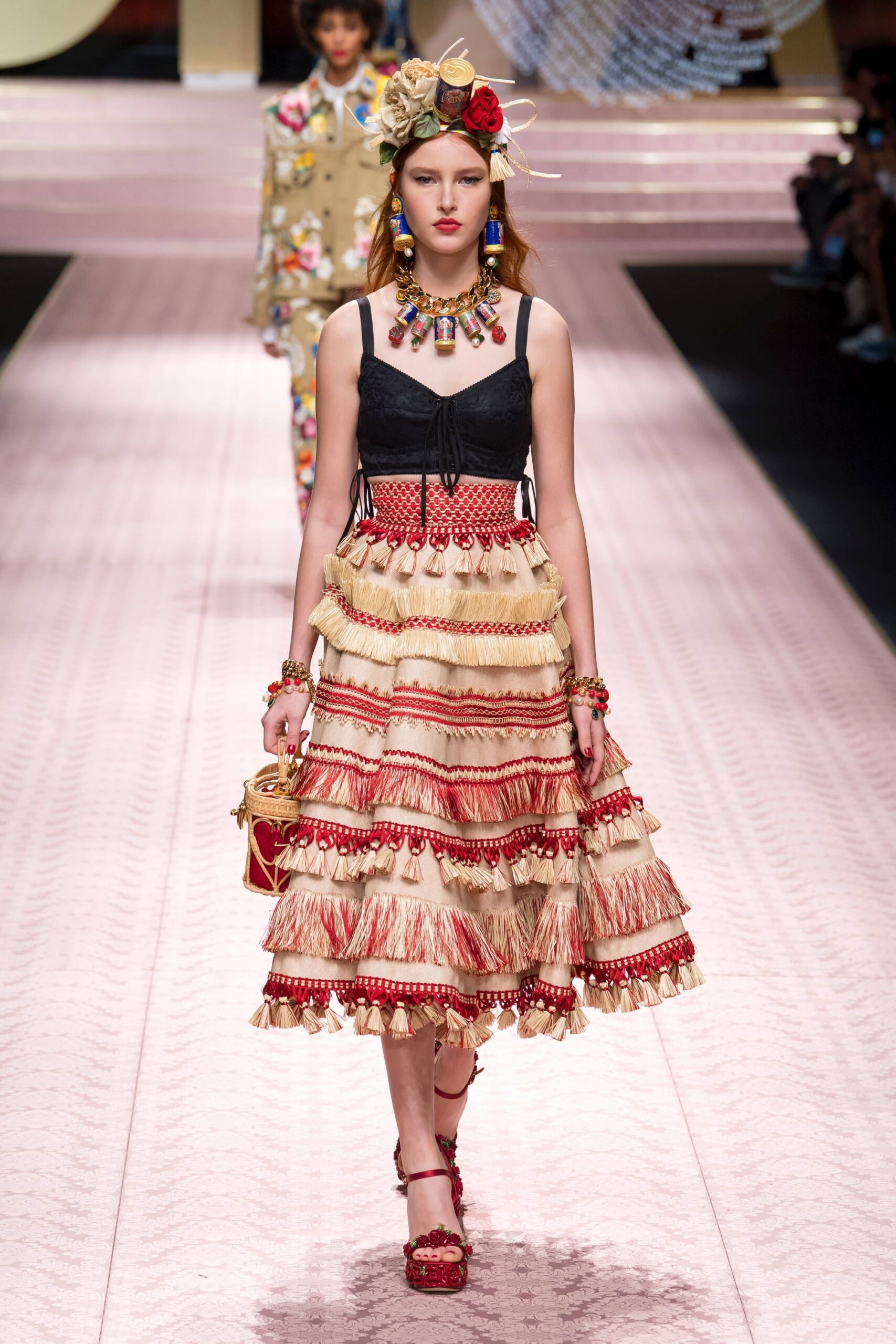 beige and red tiered dress