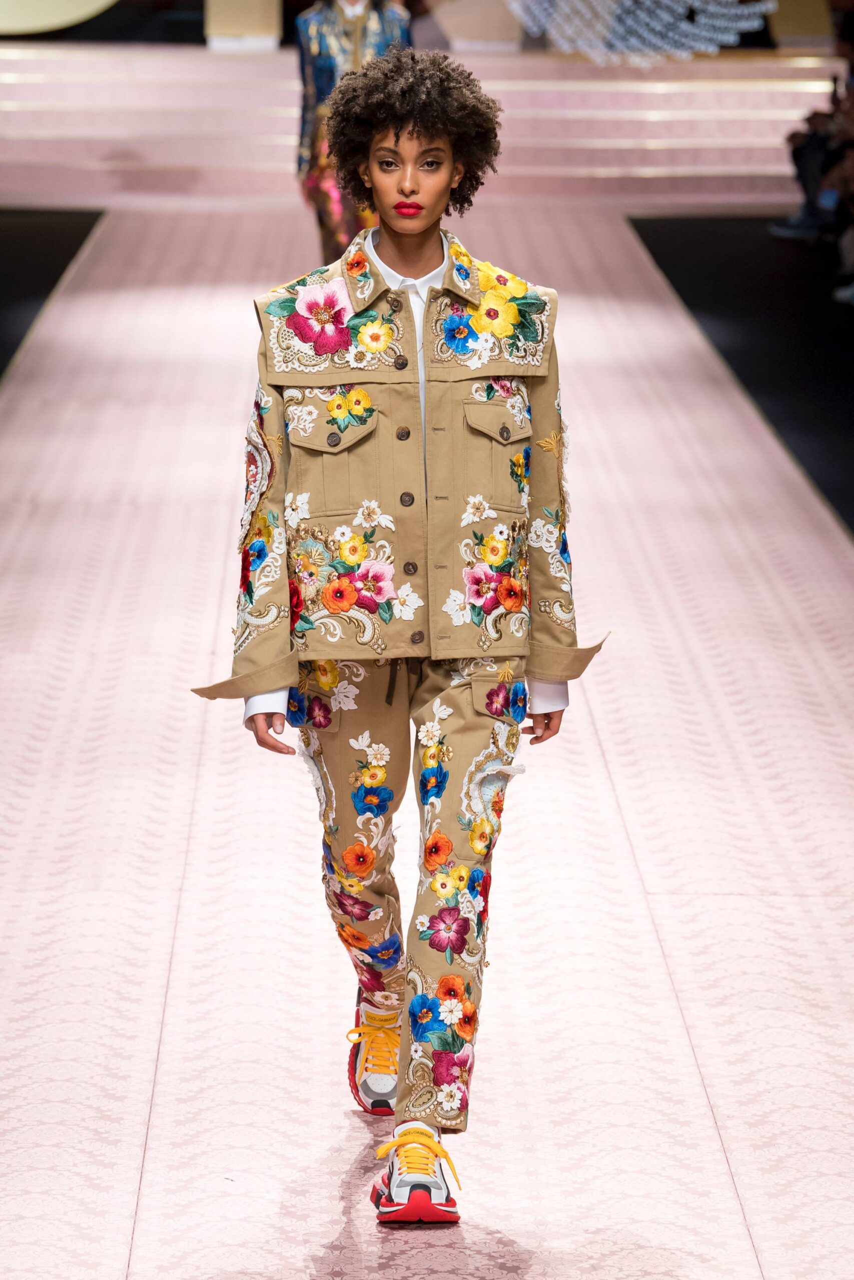 beige embroidered jacket and pants