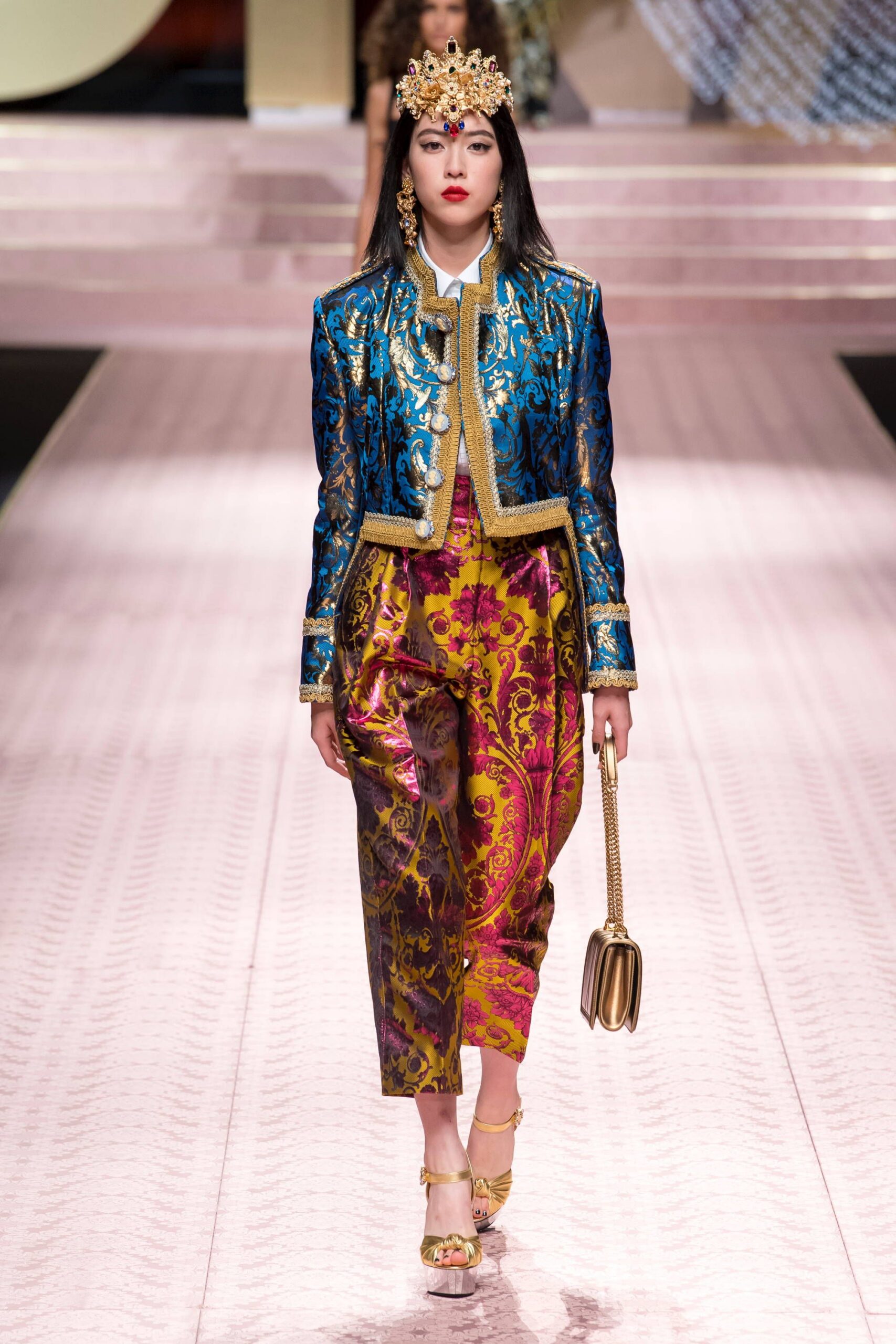 blue embroidered jacket with flared pants