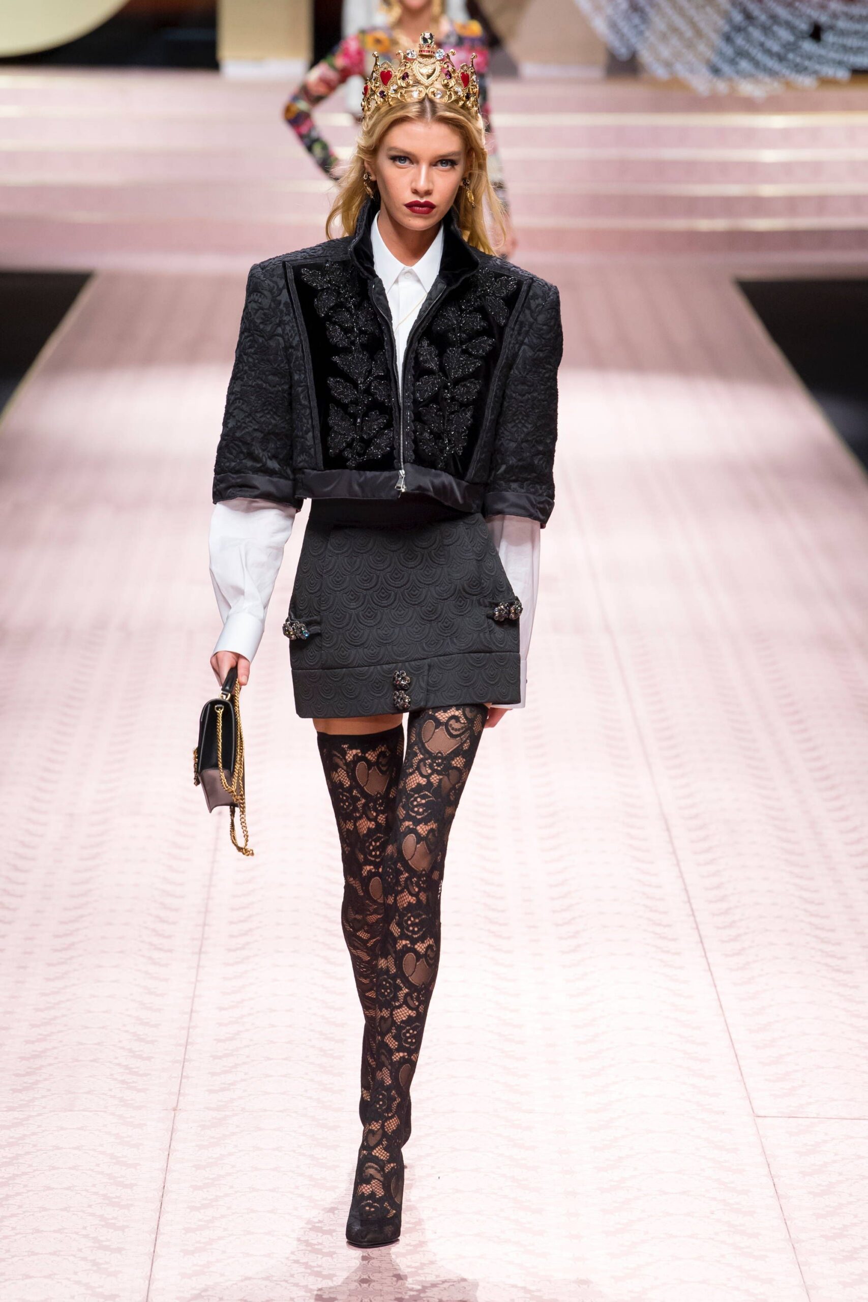 black embroidered blazer with mini skirt