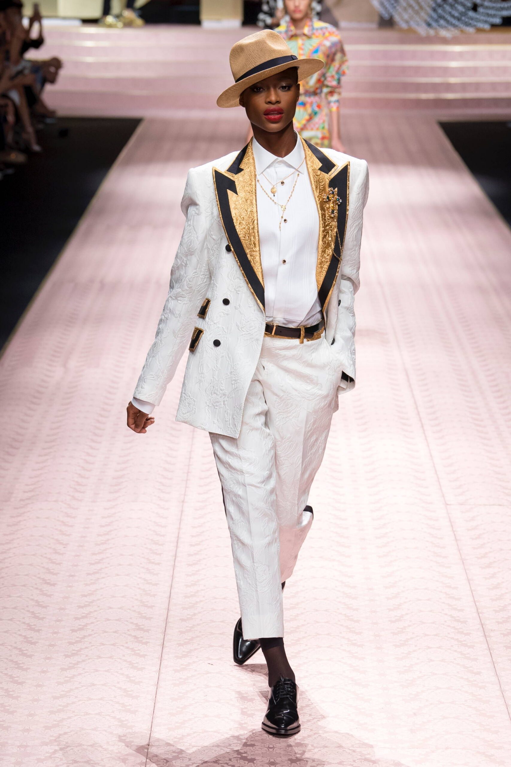 tailored white suit with hat