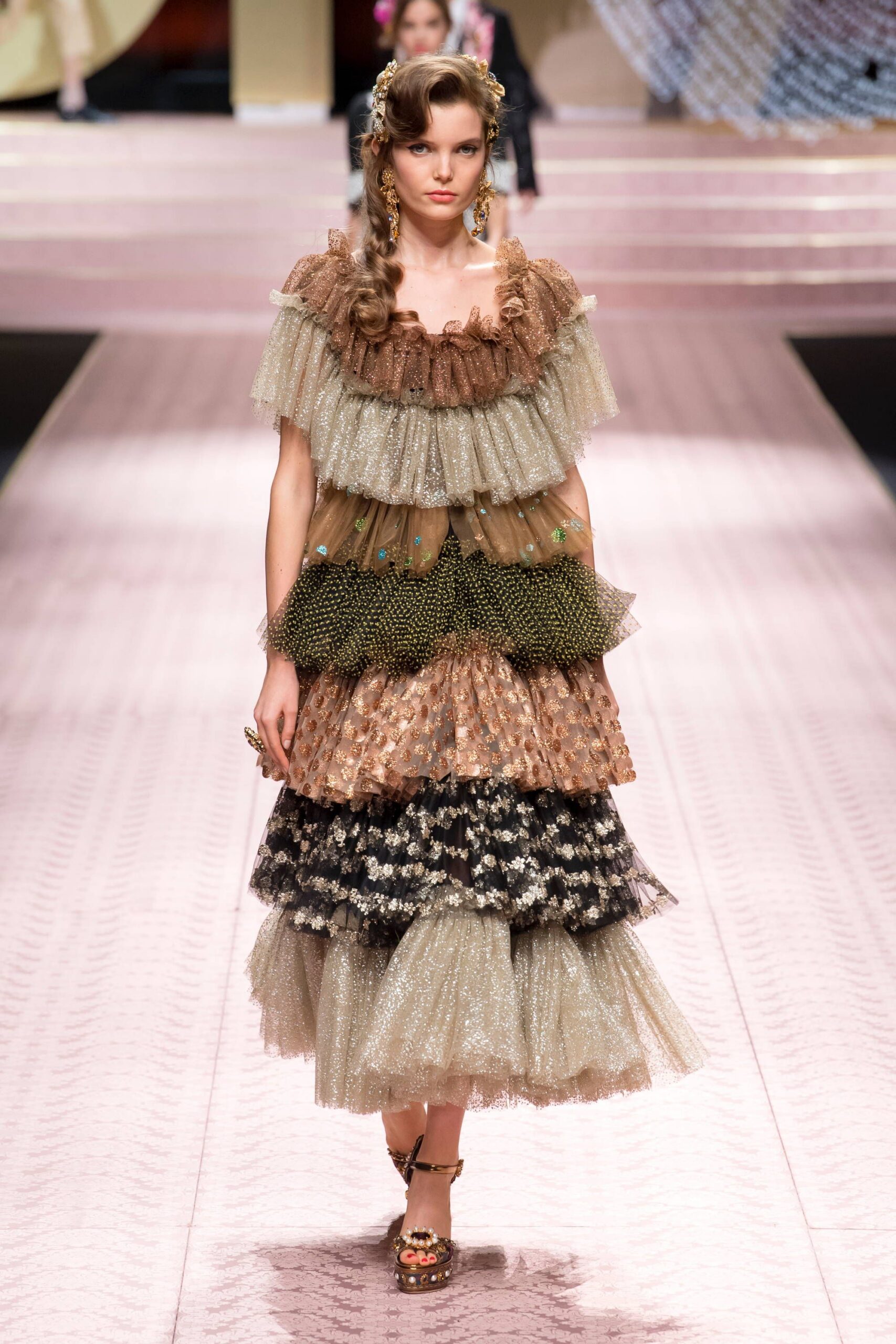 brown ruffled midi dress with embellished shoes