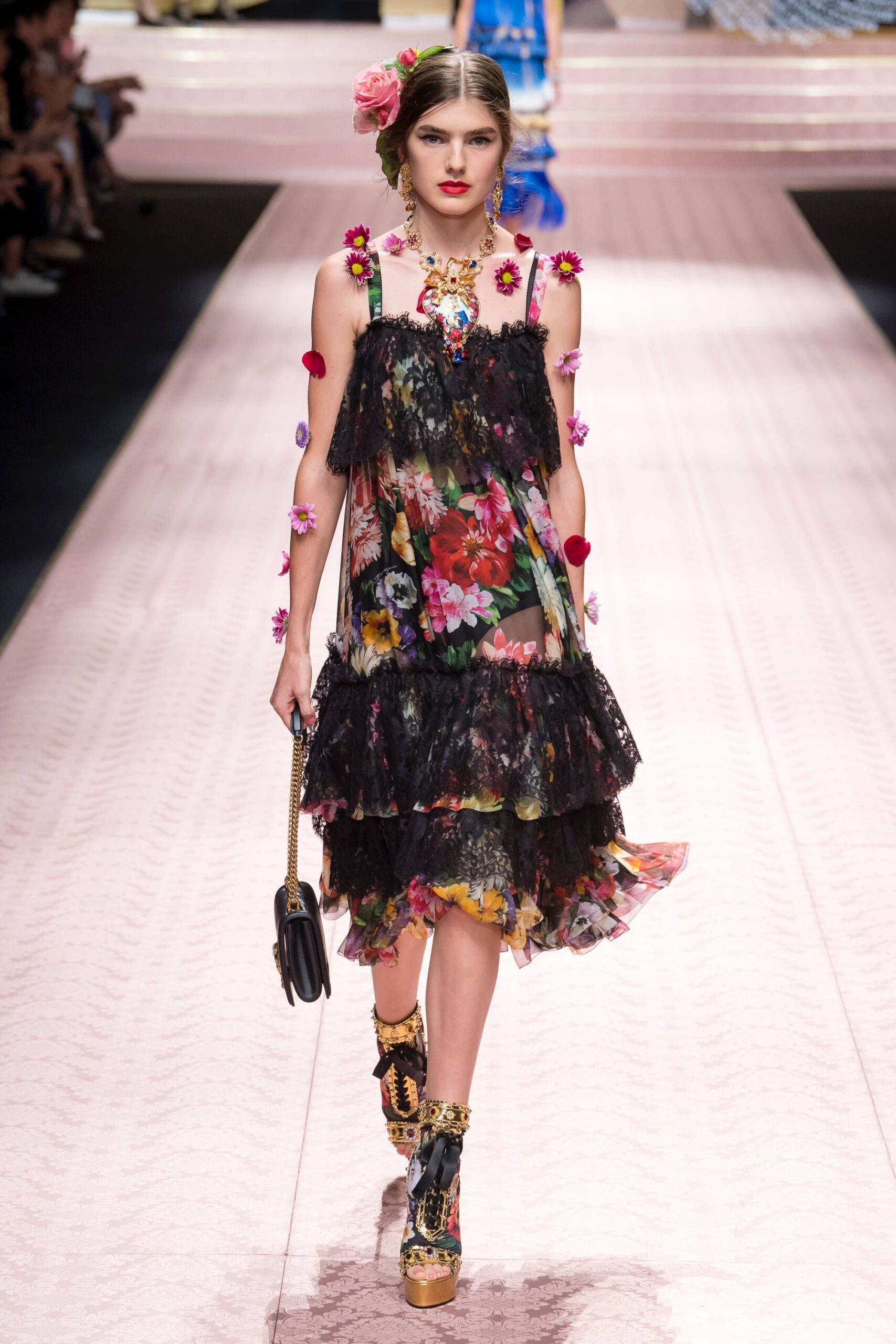 black floral mini dress with platform shoes