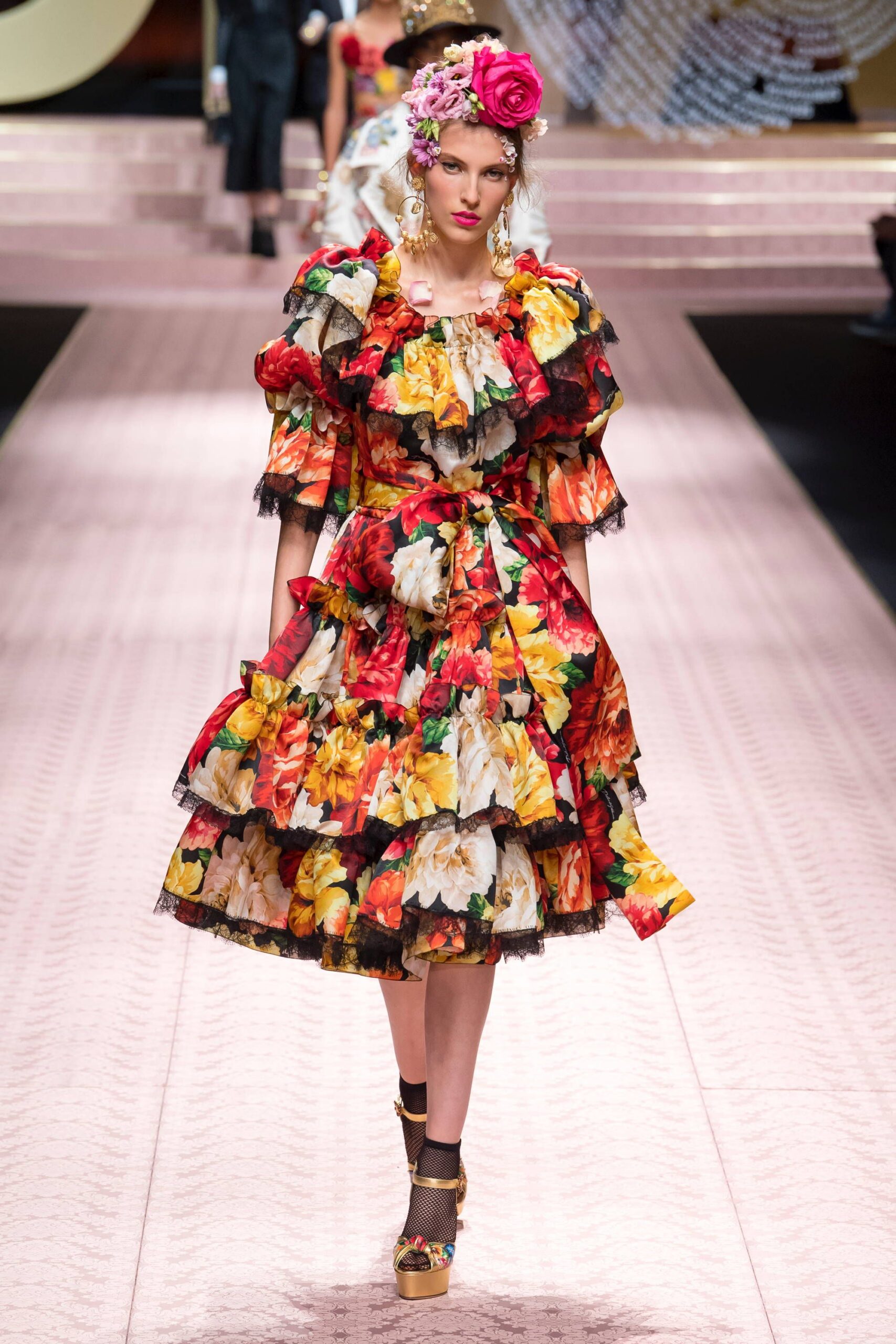 floral midi dress with embellished shoes
