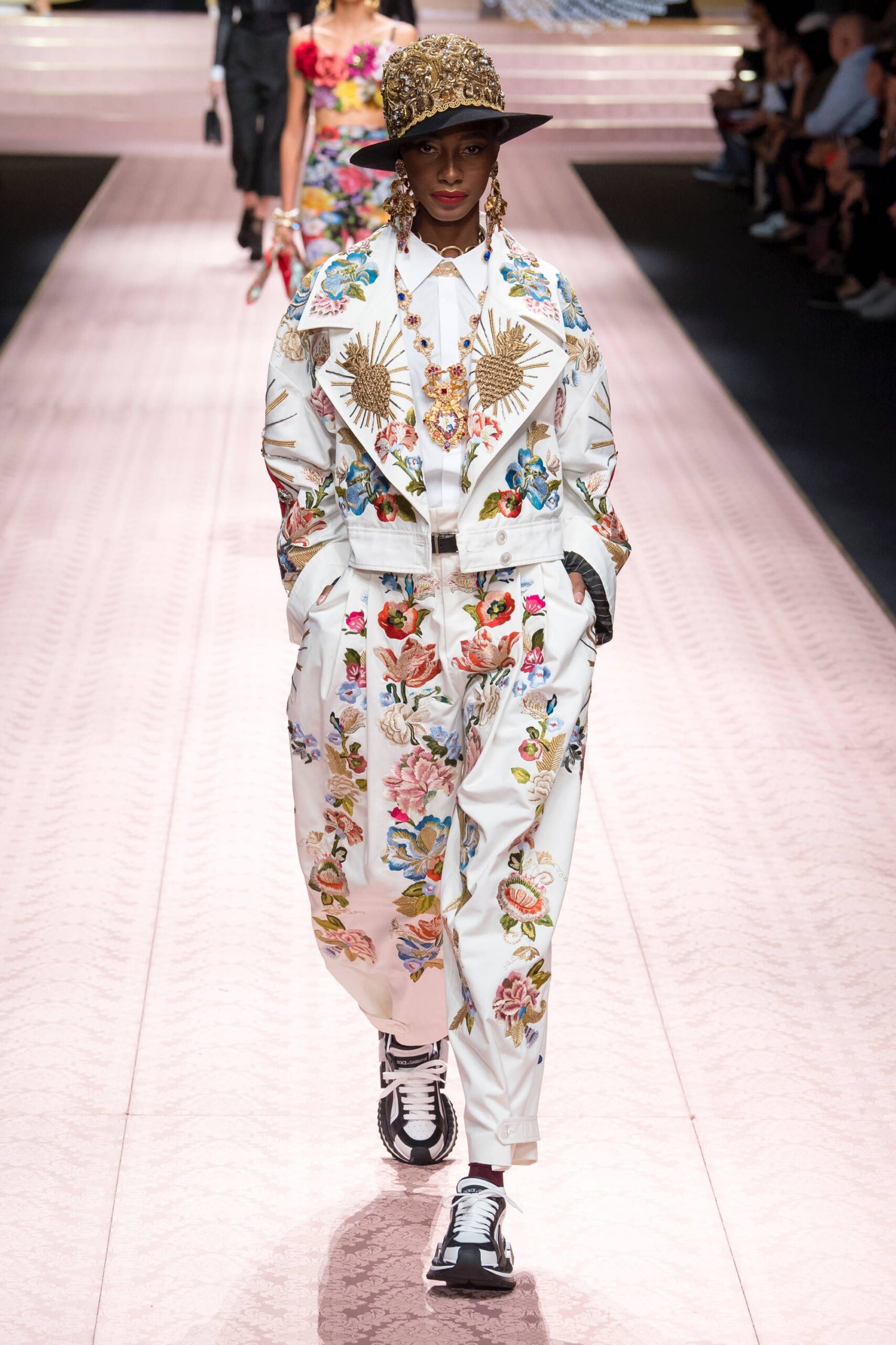 white embroidered jacket with flared pants