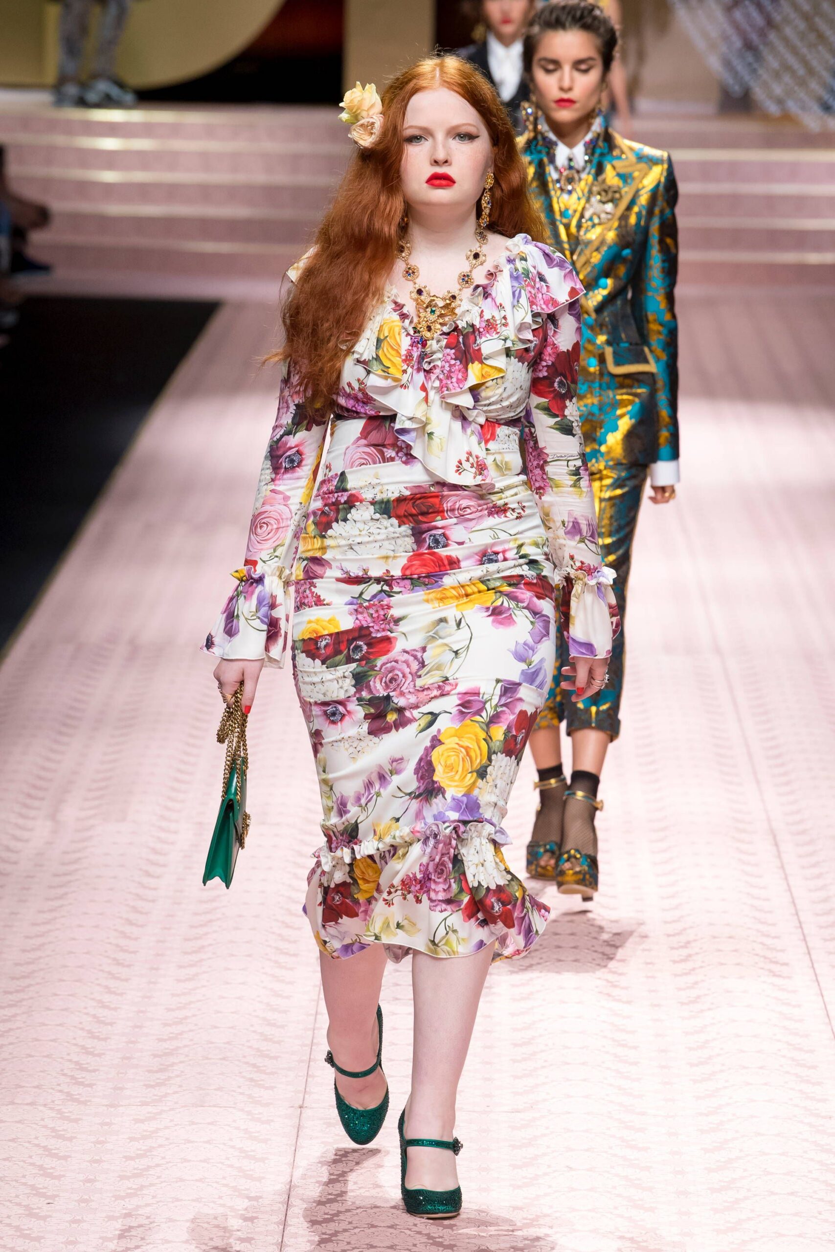 floral midi dress with green shoes