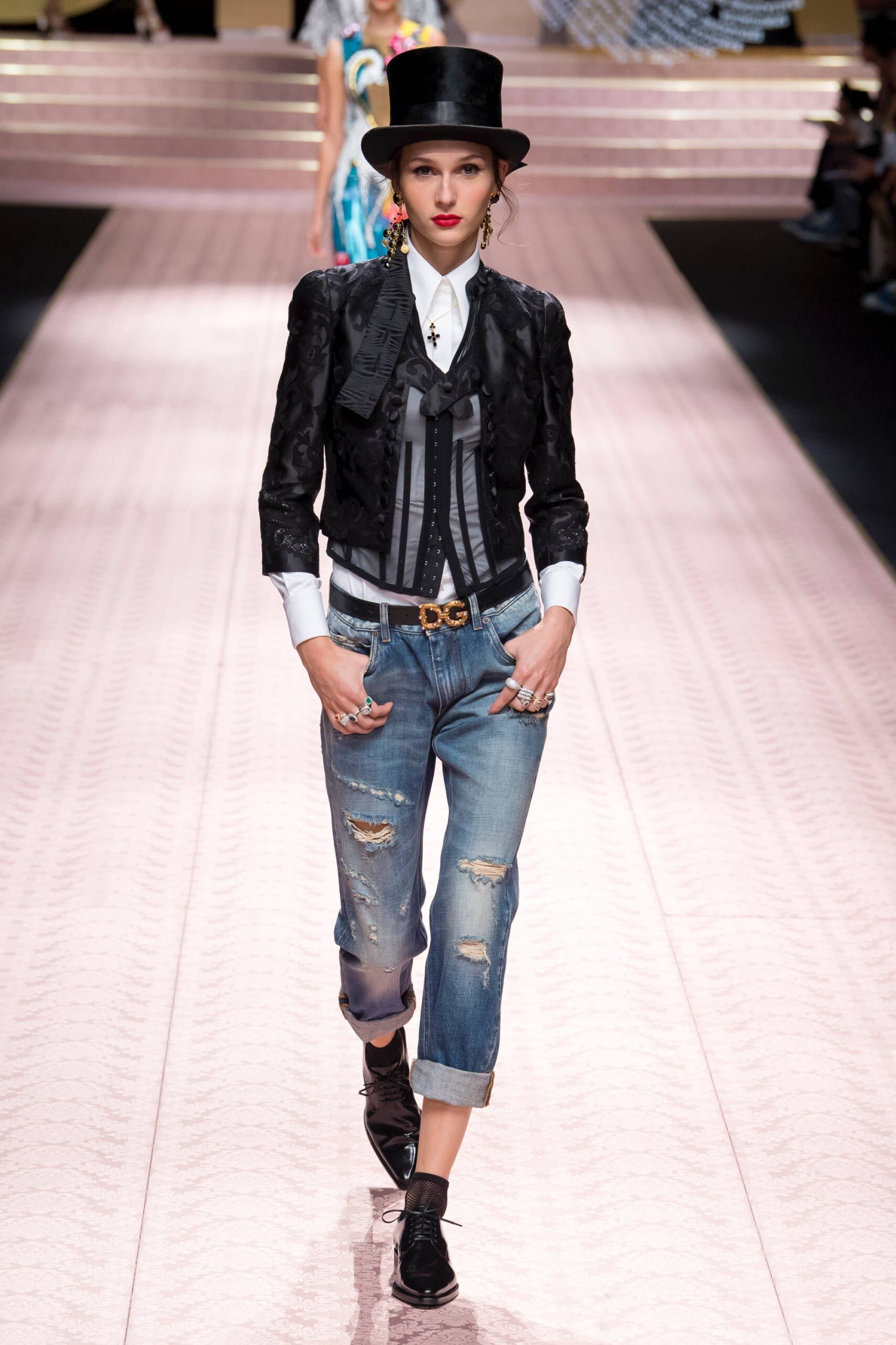 black embroidered jacket with denim pants