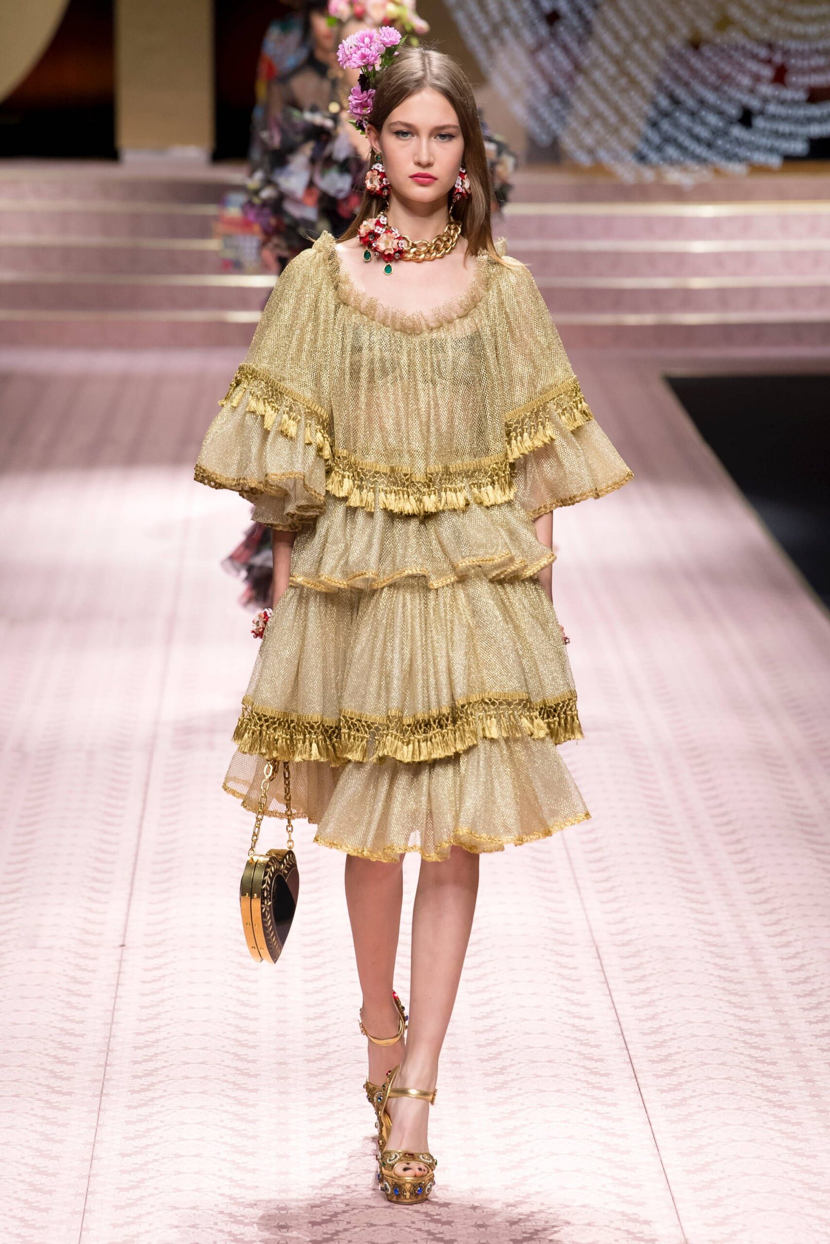 gold tiered ruffled dress