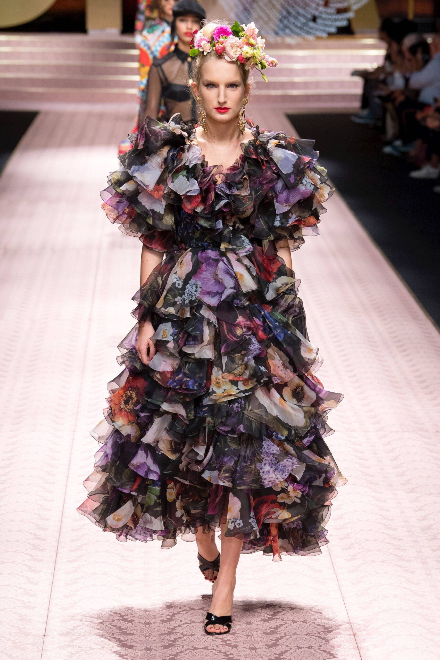 multi floral ruffled midi dress