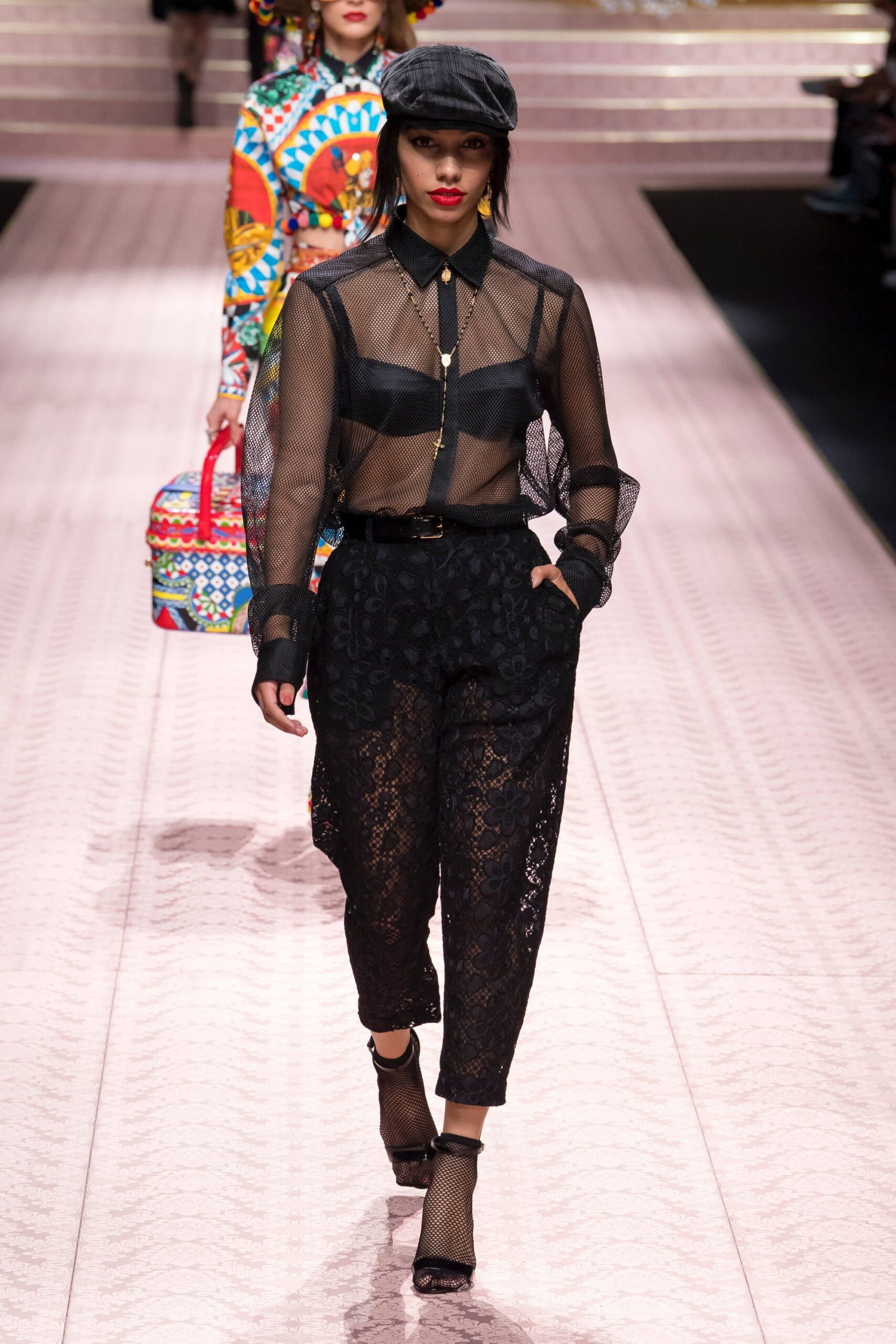 black mesh shirt with lace pants