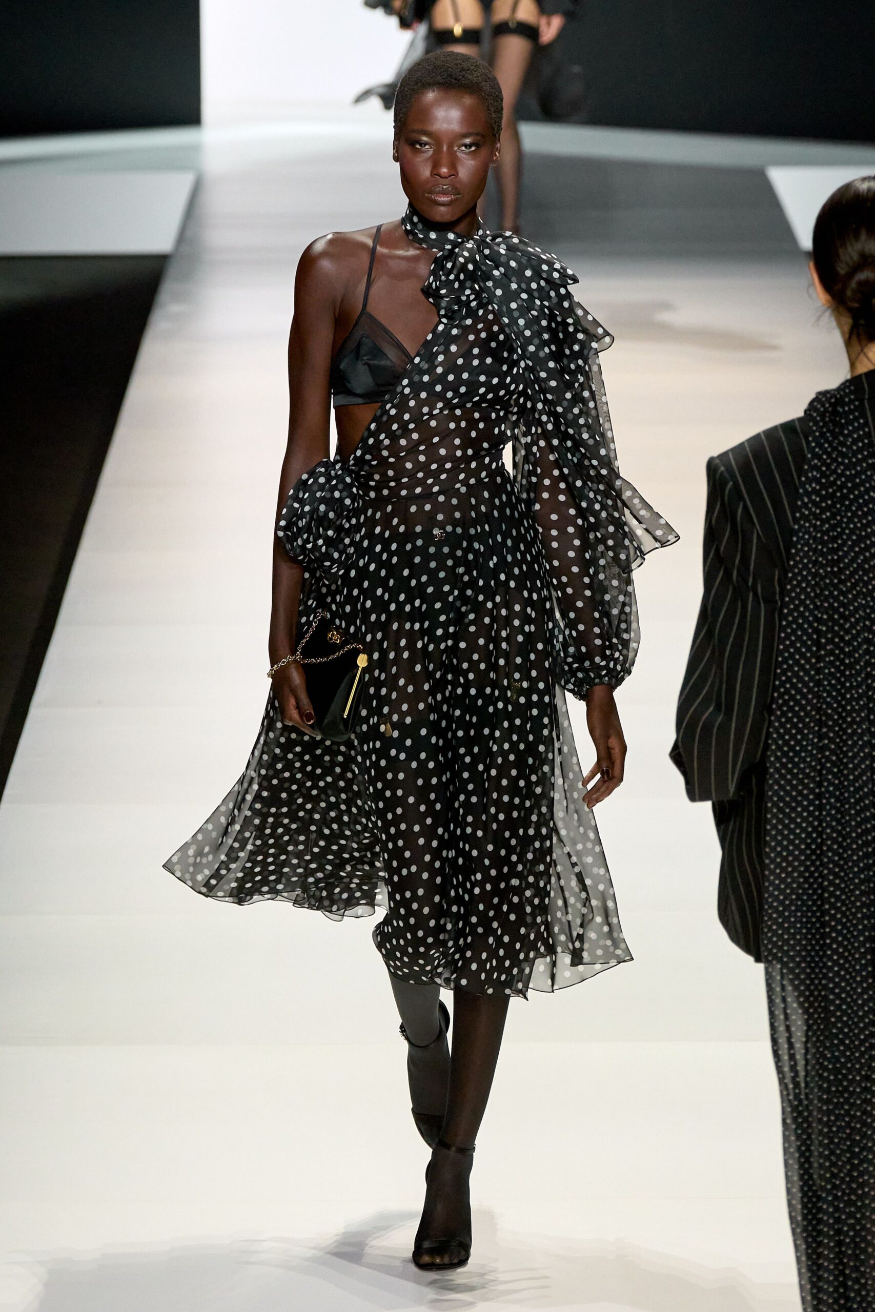 black chiffon long-sleeve off-shoulder fitted polka-dot ruffled dress