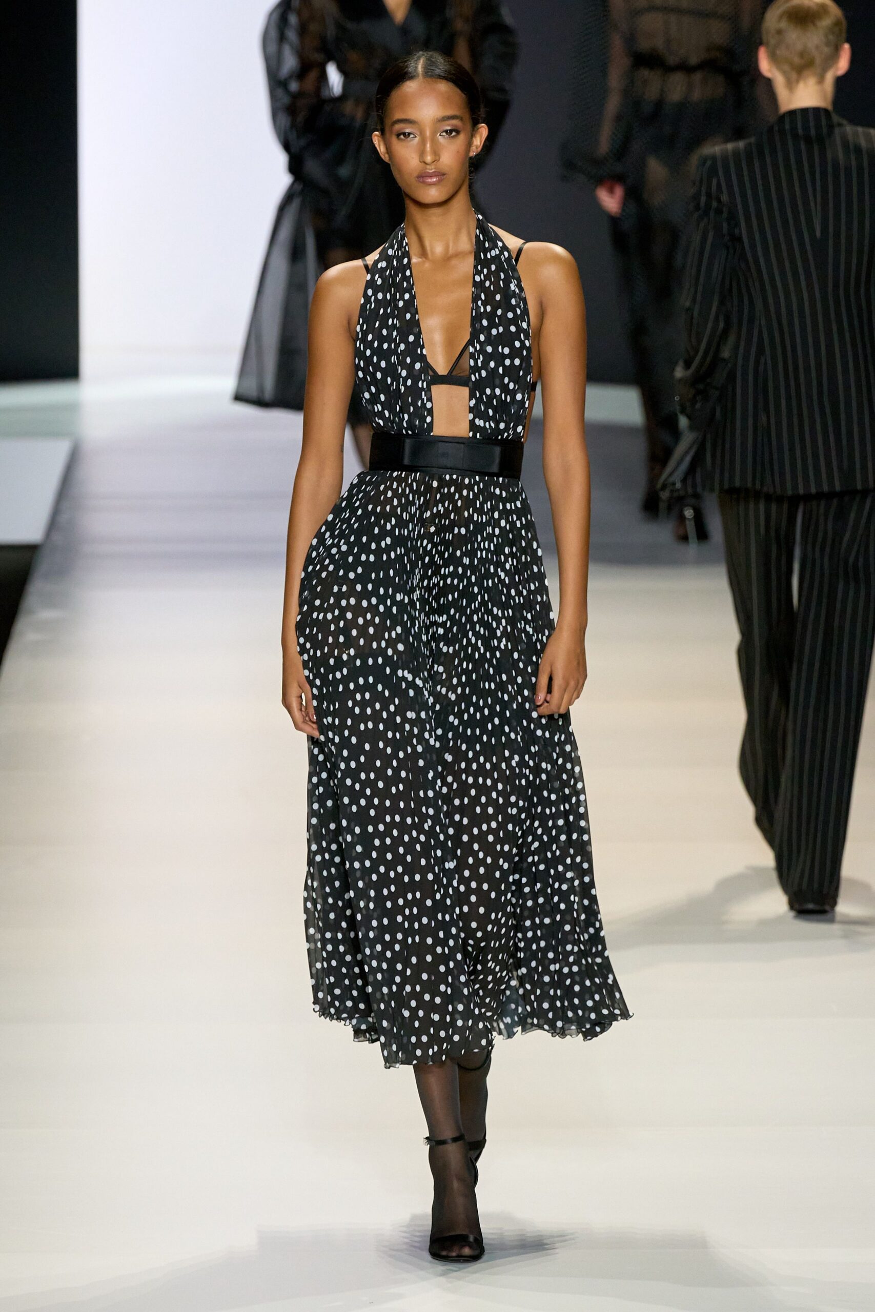 black and white polka-dot midi dress
