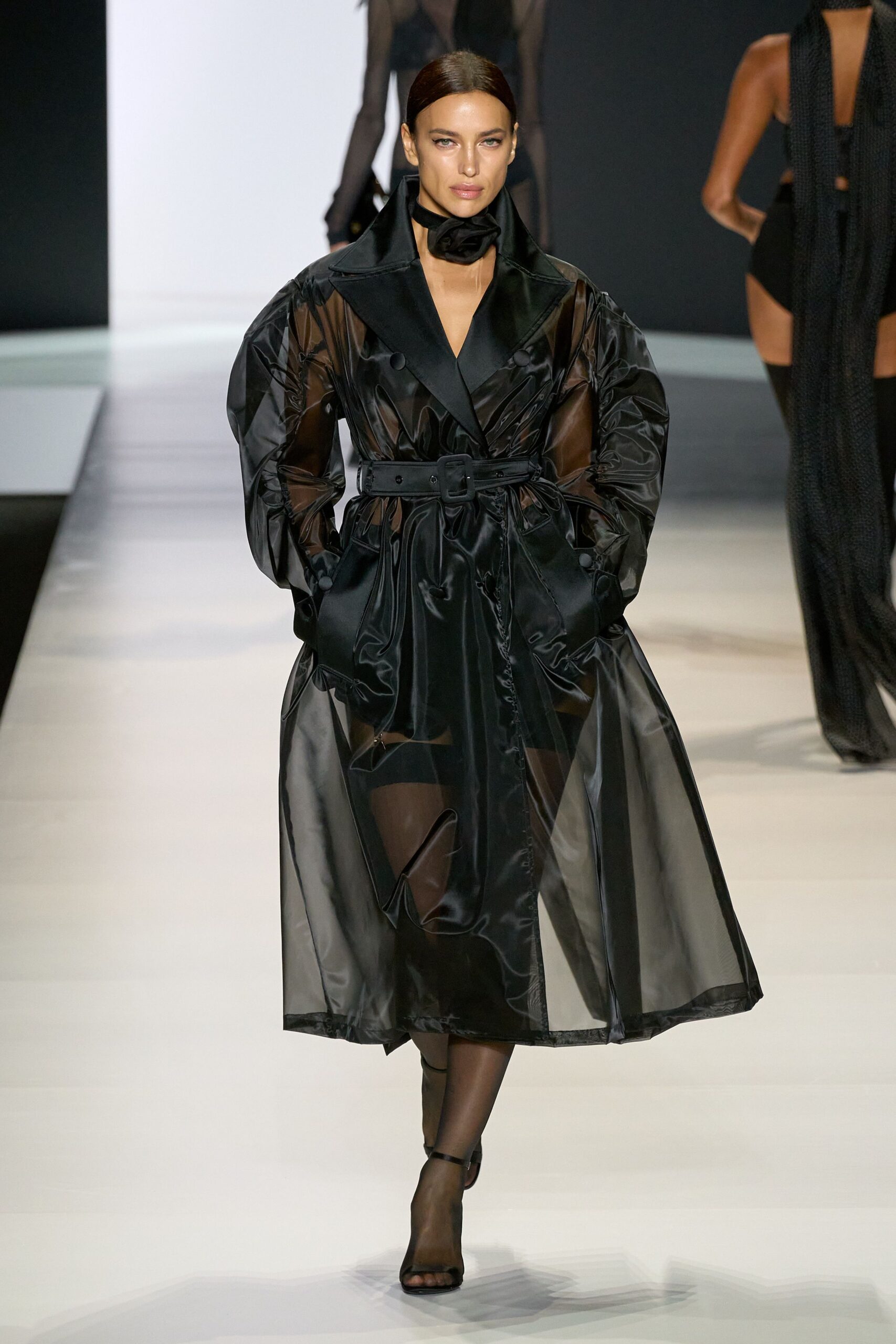 black silk long-sleeve collared relaxed belted layered coat