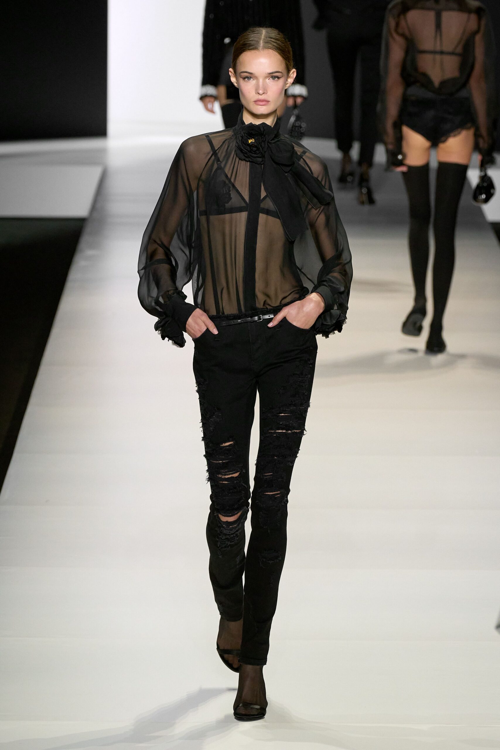 black silk long-sleeve collared fitted ruffled sheer shirt