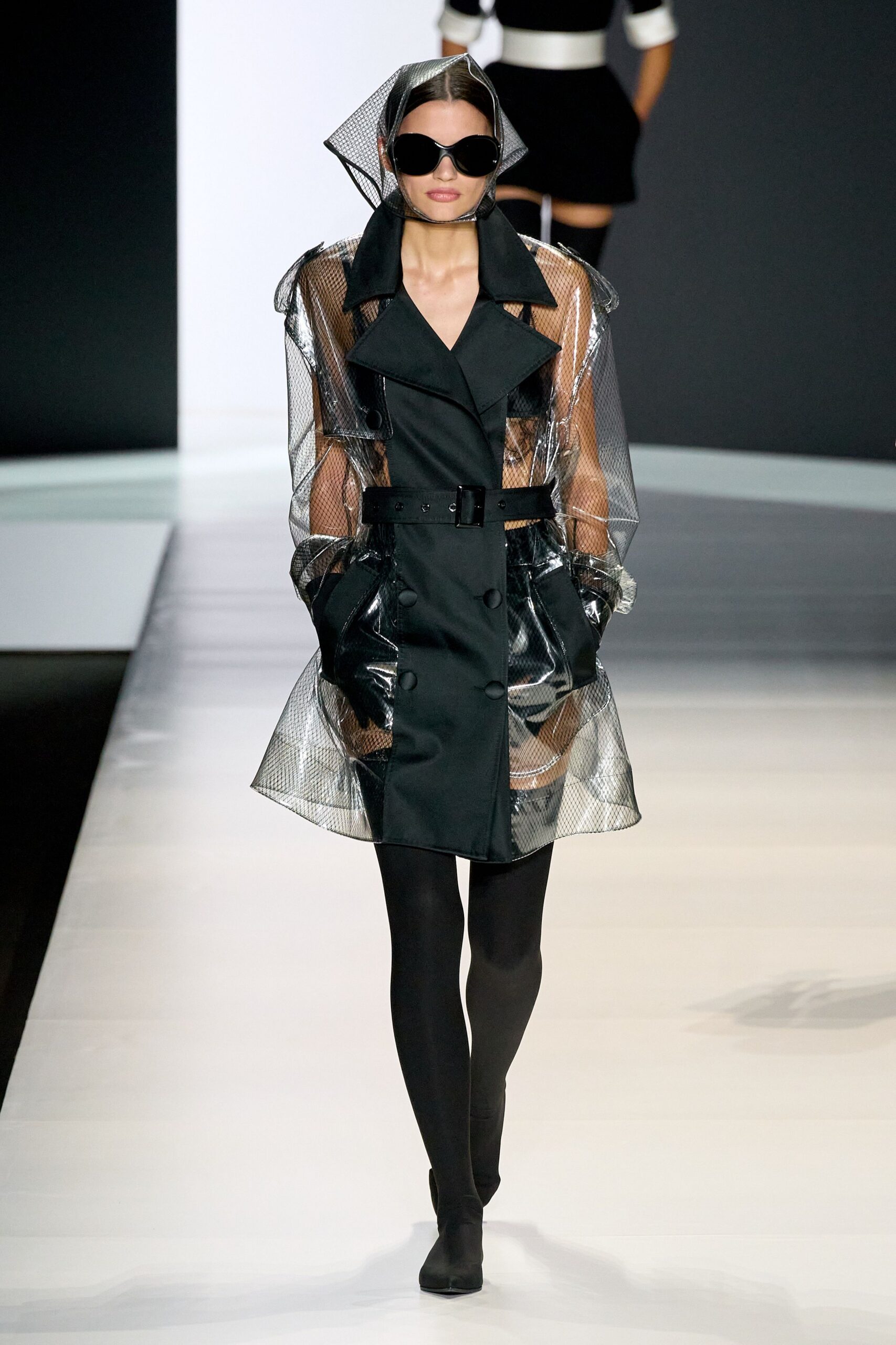 black vinyl long-sleeve collared fitted zippered belted trench