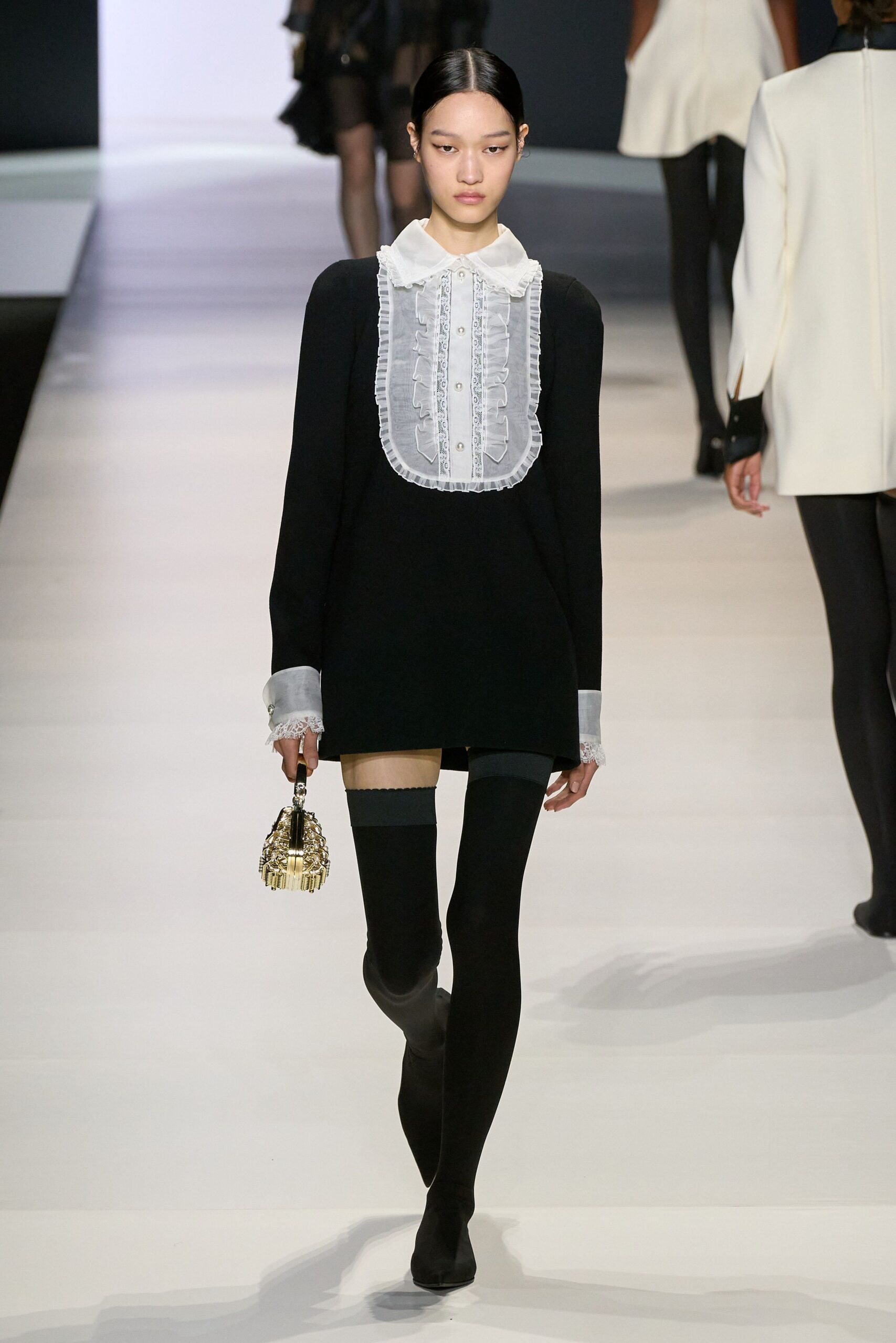 black cotton long-sleeve collared relaxed ruffled short dress