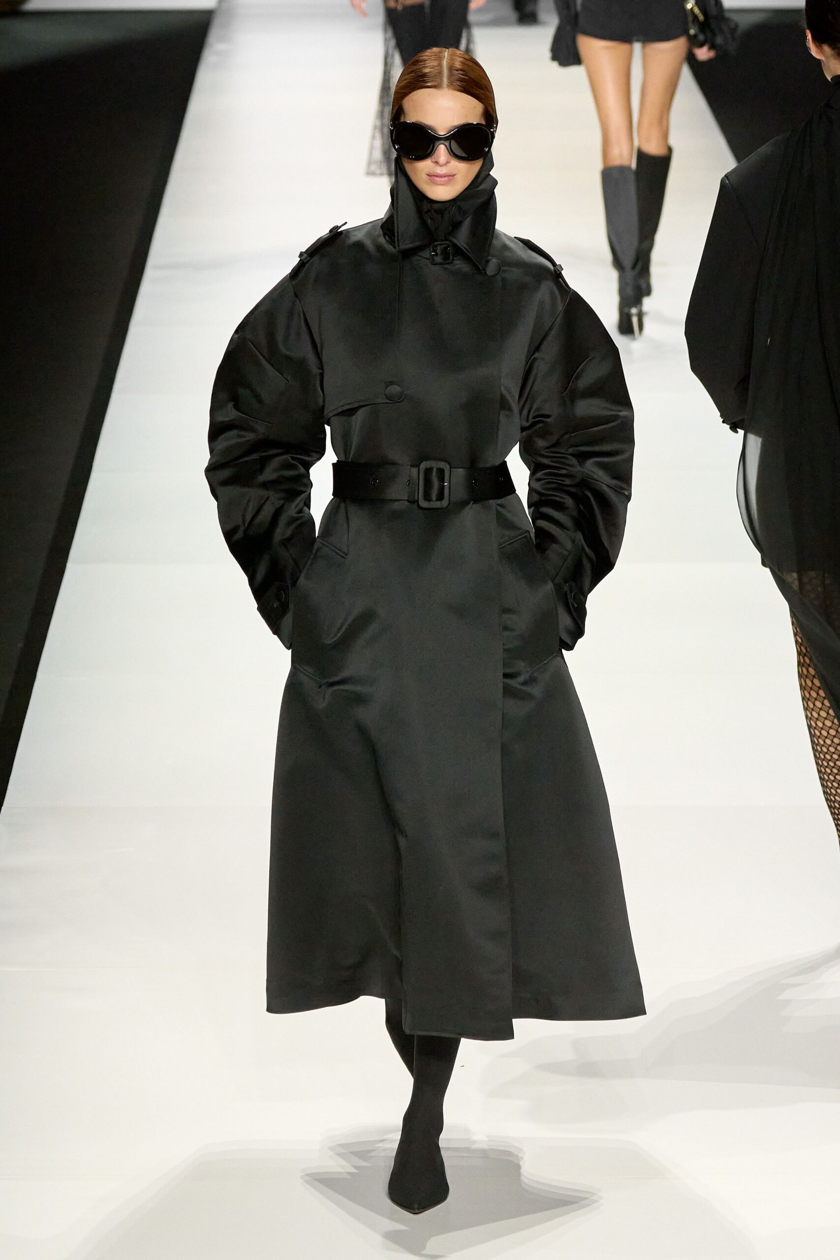 black silk long-sleeve collared fitted belted midi coat