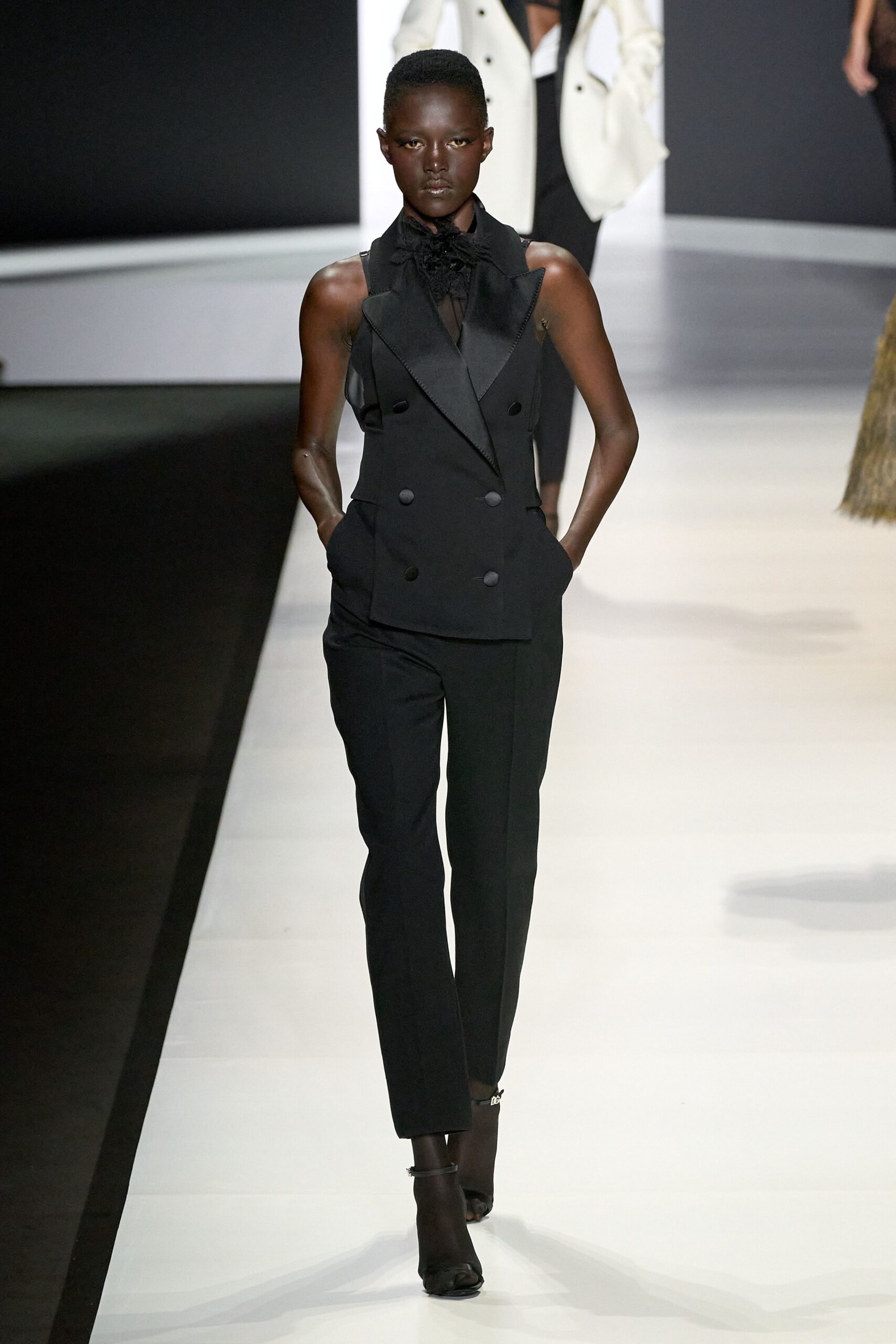 black silk long-sleeve collared fitted buttoned suit