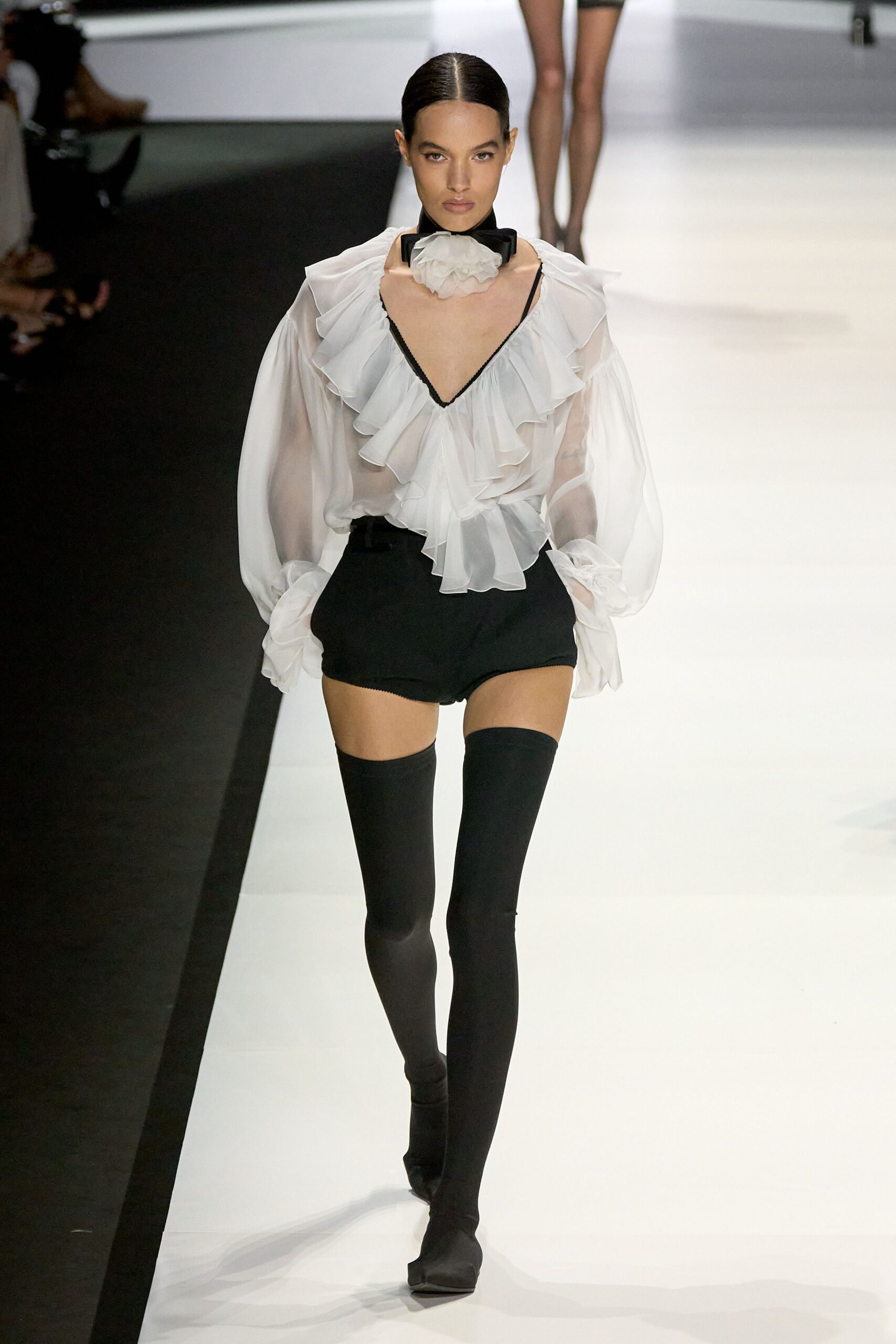 white silk long-sleeve v-neck fitted ruffled blouse